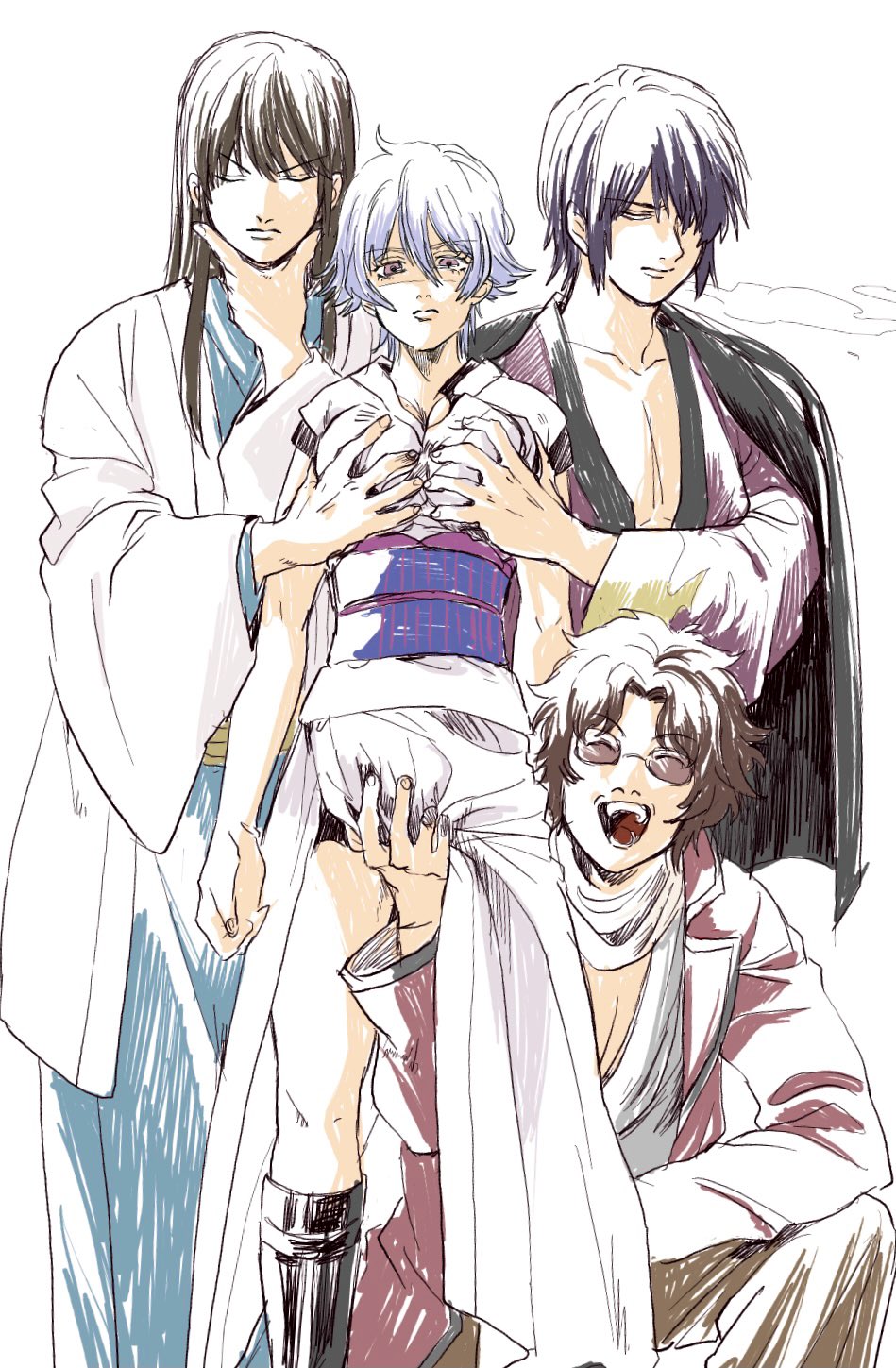 1girls 3boys breast_grab breasts canon_genderswap colored_sketch crotch_grab female frown fully_clothed genderswap_(mtf) ginko_sakata gintama gintoki_sakata groping groping_breasts groping_from_behind haori japanese_clothes joui_4 katsura_kotarou kimono long_hair_male looking_at_viewer male multiple_boys obi official_alternate_costume rule_63 sakamoto_tatsuma shaded_face short_hair side_slit smile standing sunglasses takasugi_shinsuke very_short_hair white_hair