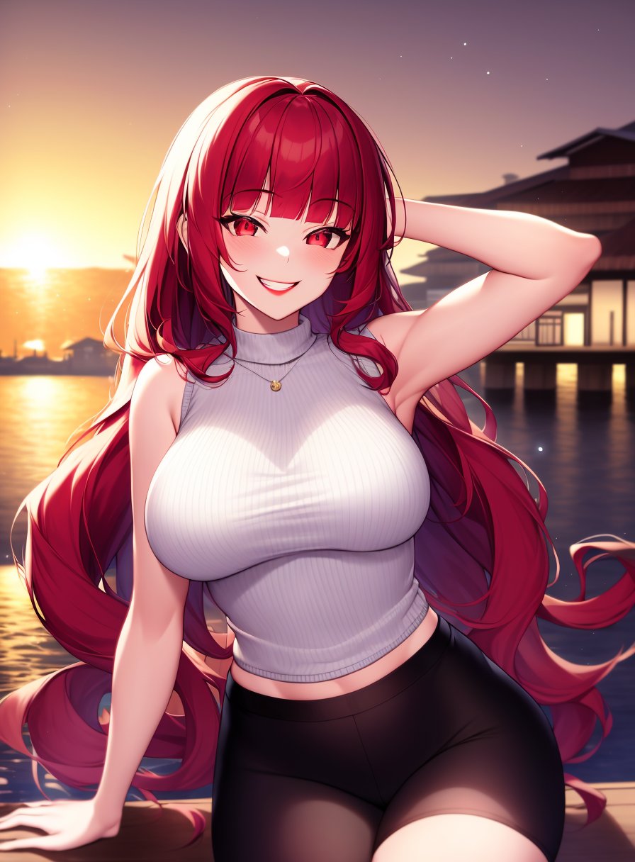 1girls, ai generated, big breasts, breasts, clothed female, female, female only, high resolution, highres, kurenai (claire miyamoto), long hair, looking at viewer, nai diffusion, original, redhead, solo, stable diffusion