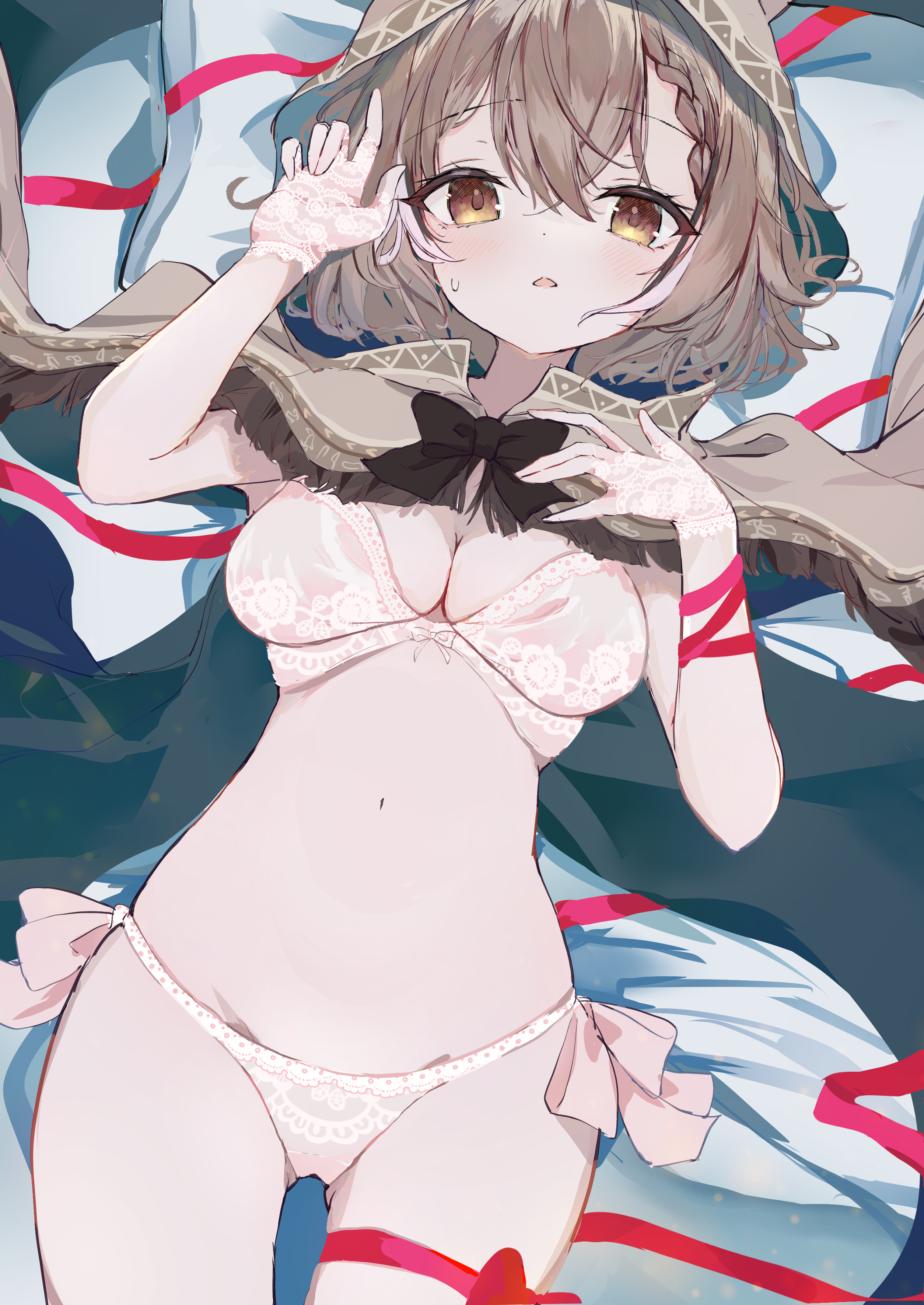 arm up, bra, breasts, brown eyes, brown hair, cleavage, female, hololive, hololive english, hololive english -council-, hololive english -promise-, inaba reito, looking at viewer, lying, nanashi mumei, on back, on bed, panties, side-tie panties, virtual youtuber, white panties