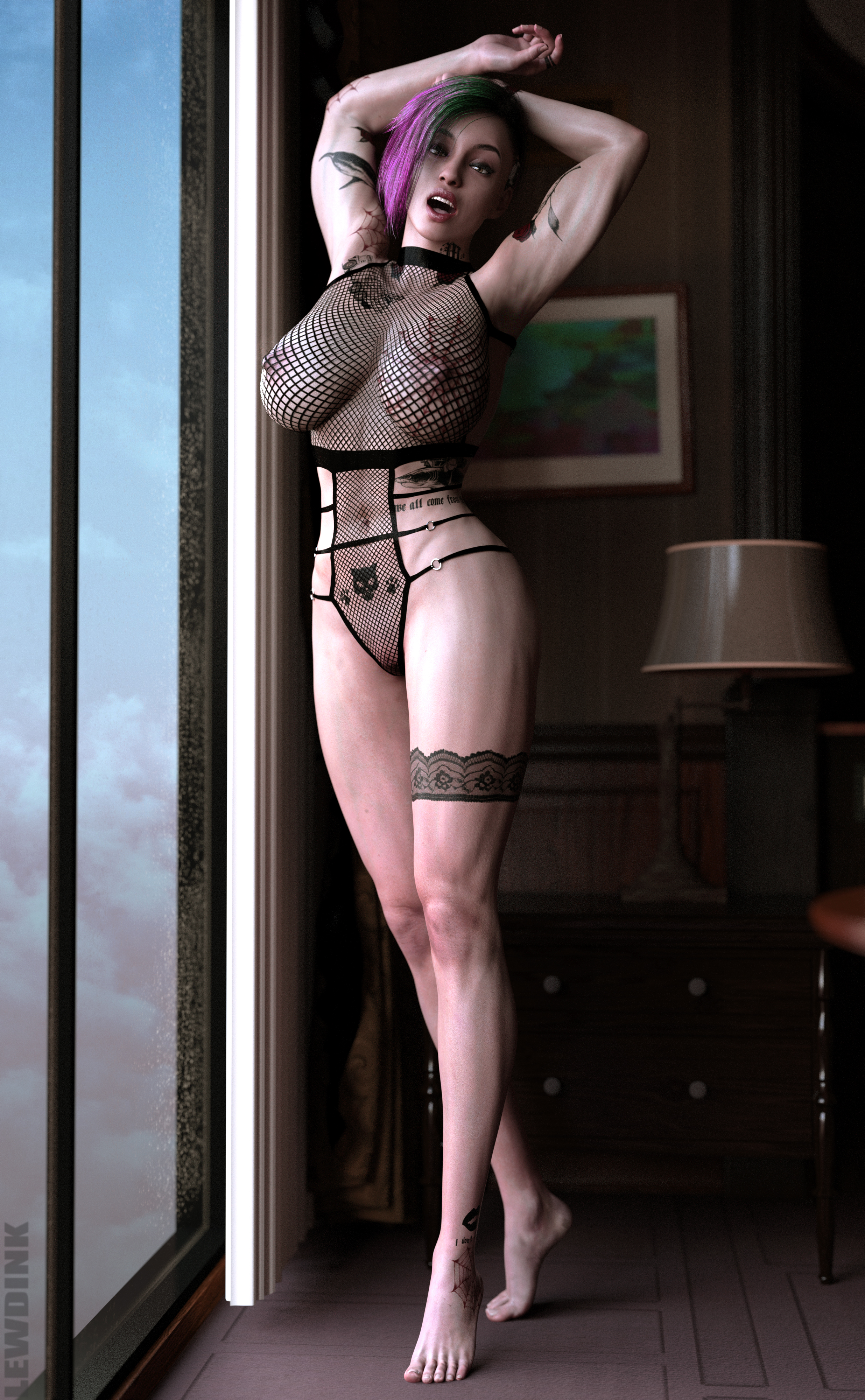 3d, 4k, abs, arms up, ass, big ass, big breasts, big butt, bimbo, body markings, breasts, brown eyes, cyberpunk, cyberpunk 2077, female, female only, fishnet bodysuit, fishnets, fit, fit female, fitness, green hair, hands up, high resolution, highres, hotel, hotel room, huge ass, huge breasts, huge butt, judy alvarez, large ass, large breasts, lewdink, light skin, markings, muscle slut, muscles, nail polish, nails, navel, open clothes, open mouth, paw tattoo, paw tattoo pubic, pawprint, paws, pink hair, revealing clothes, skimpy, skimpy clothes, solo, solo female, straps, tattoo, tattoo on arm, tattoo on chest, tattoo on legs, tattooed arm, tattoos, toned, toned body, toned female, toned stomach