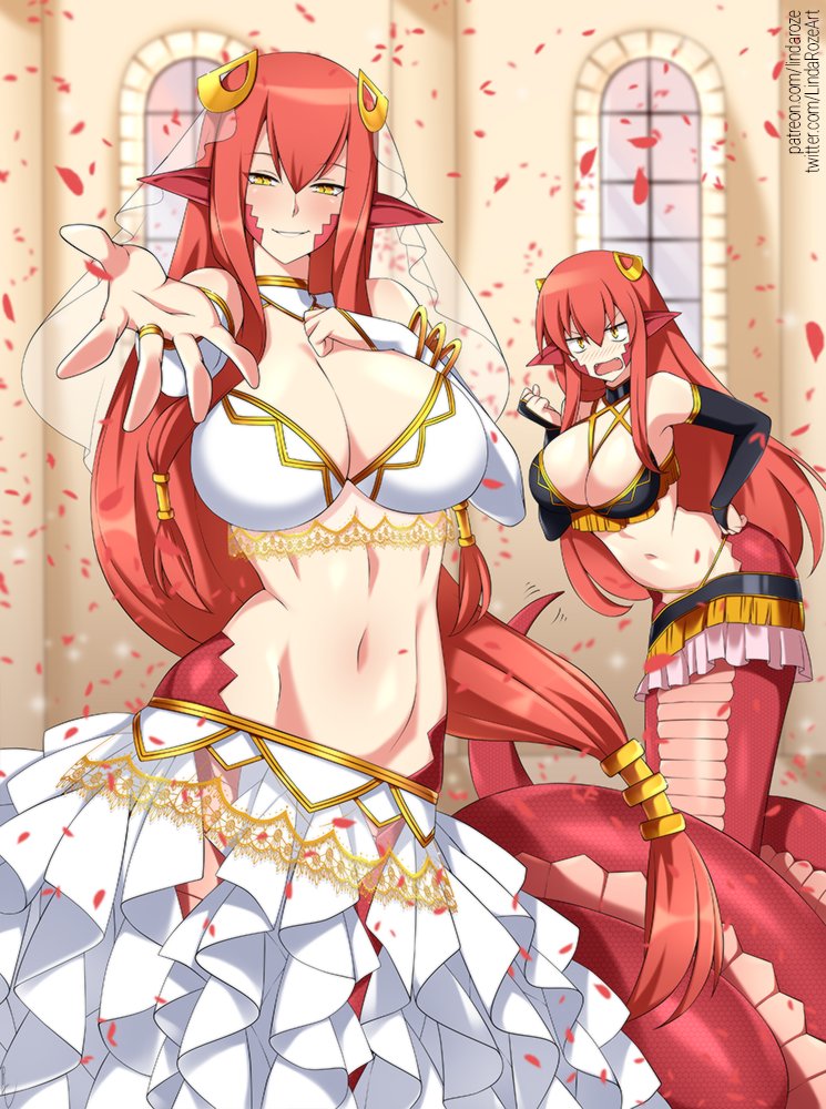 2d, 2girls, big breasts, breasts, clothing, female, female focus, female only, highres, lamia, lindaroze, long hair, looking at viewer, miia (monster musume), miia's mother, milf, monster girl, monster musume no iru nichijou, mother and child, mother and daughter, naga, red hair, revealing clothes, tagme, wedding dress, wedding veil, wide hips, yellow eyes