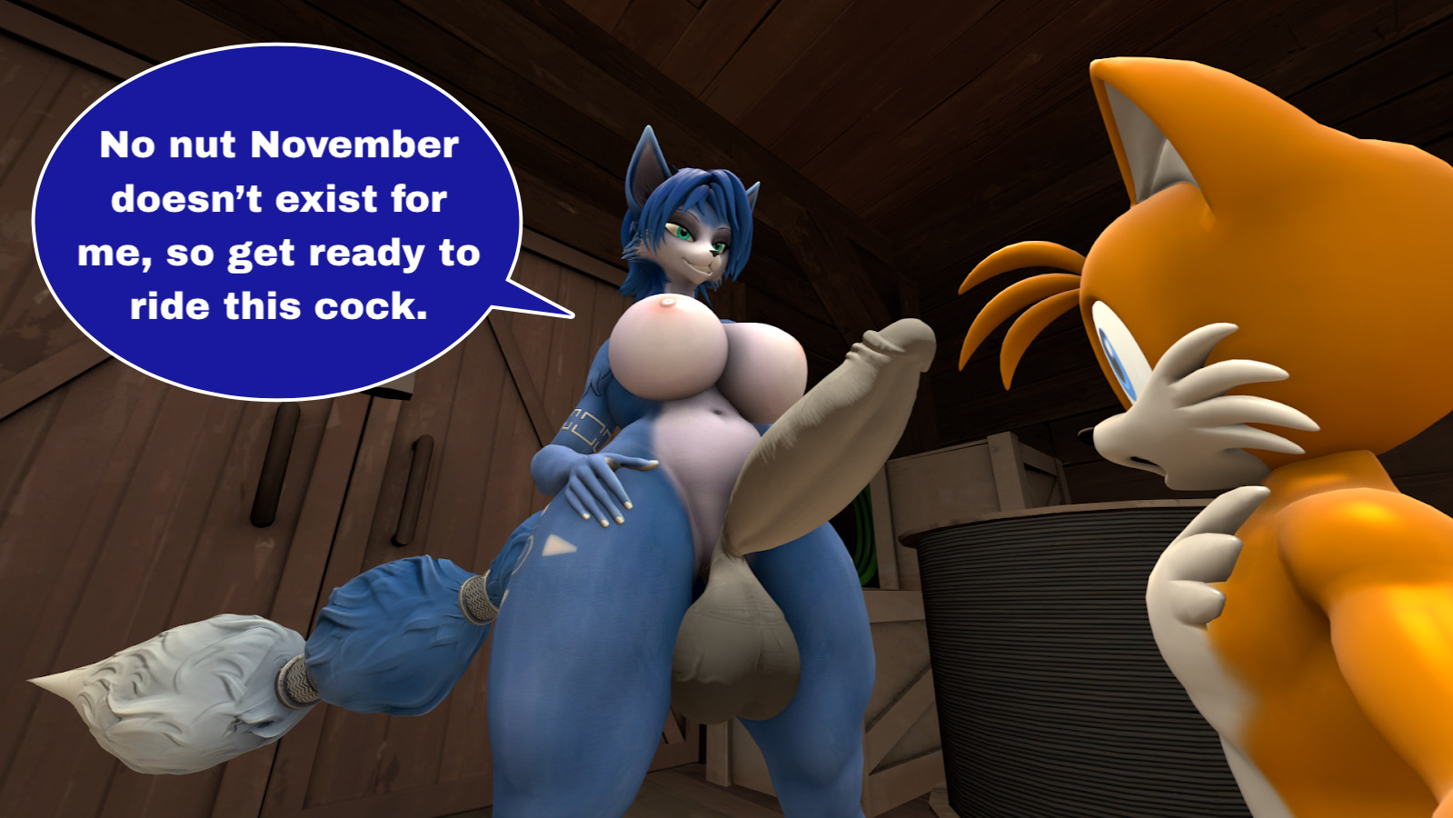 1boy, 1futa, 3d, anthro, big breasts, big penis, breasts, canine, crossover, five (artist), fox, furry, futa on male, futadom, futanari, intersex, krystal, looking down, low-angle view, male, nintendo, nipples, nude, penis, sega, smiling, sonic (series), sonic the hedgehog (series), source filmmaker, star fox, tail, tails, tails the fox, thick thighs