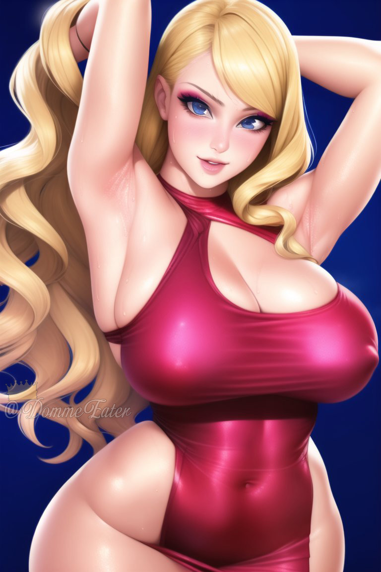 1girls ai_generated armpits arms_behind_head arms_up artist_self-insert big_breasts blonde_hair blue_eyes breasts busty cleavage clothed clothed_female clothes clothing curvaceous curvy curvy_body curvy_female curvy_figure eyeliner eyeshadow female female_focus female_only hips huge_breasts large_breasts light-skinned_female light_skin long_hair looking_at_viewer makeup nai_diffusion queen_dee queen_dee_(character) smile smiling smiling_at_viewer solo solo_female solo_focus stable_diffusion sweat sweaty thick voluptuous wide_hips