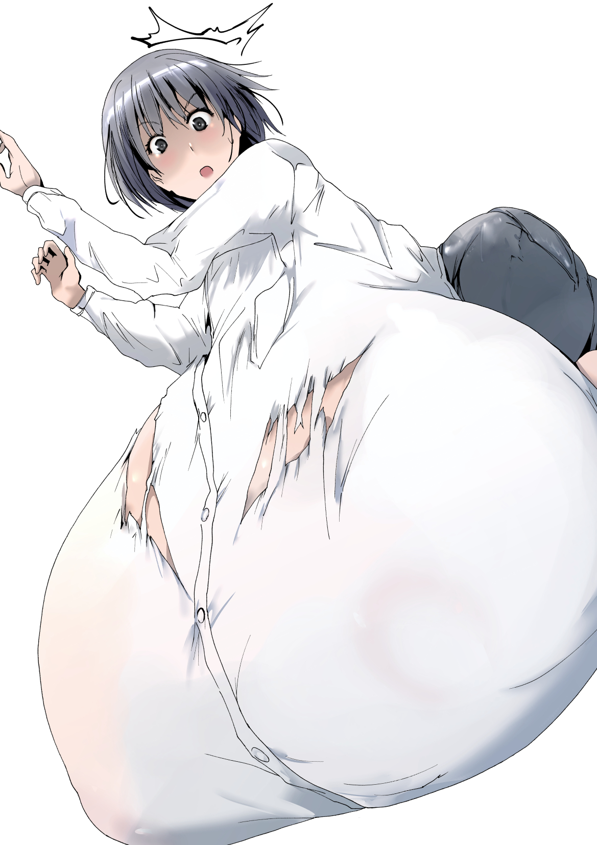 1girls, breast rest, breasts, breasts bigger than body, breasts bigger than head, breasts bigger than torso, breasts touching floor, clothed, female, fully clothed, gigantic breasts, hyper breasts, immobile, kinkoumori, lying on breasts, shocked, short hair, tagme, torn clothes, wardrobe malfunction, white background