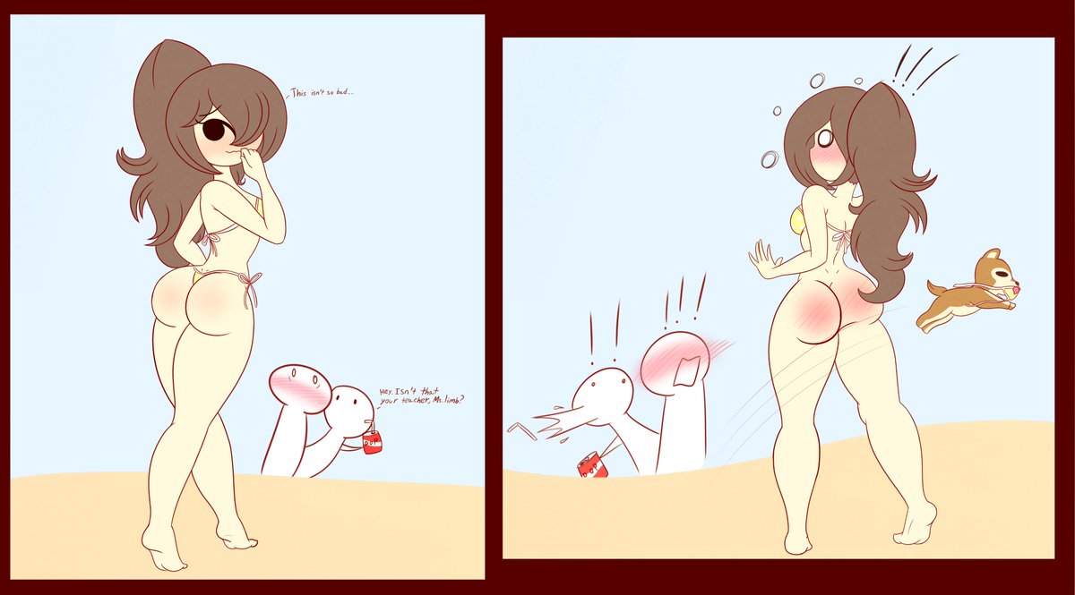 beach bikini bikini_bottom bikini_bottom_removed bikini_removed bikini_top blush bottomless dog embarrassed embarrassed_nude_female enf limb_(limbros) limbros public_exposure