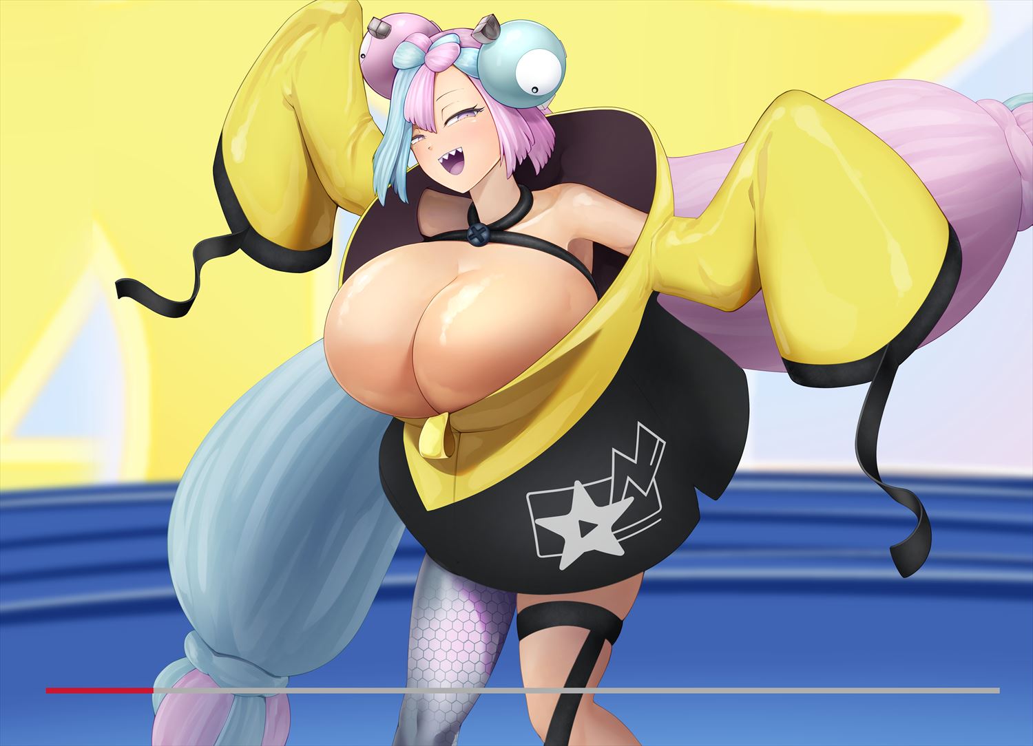 1girls, alternate breast size, blue hair, breasts, cleavage, female, game freak, grin, hi res, huge breasts, hyper breasts, iono (pokemon), leaning forward, light skin, light-skinned female, long sleeves, massive breasts, nintendo, pink eyes, pink hair, pointy teeth, pokemon, pokemon sv, sirosoil, smile, twintails