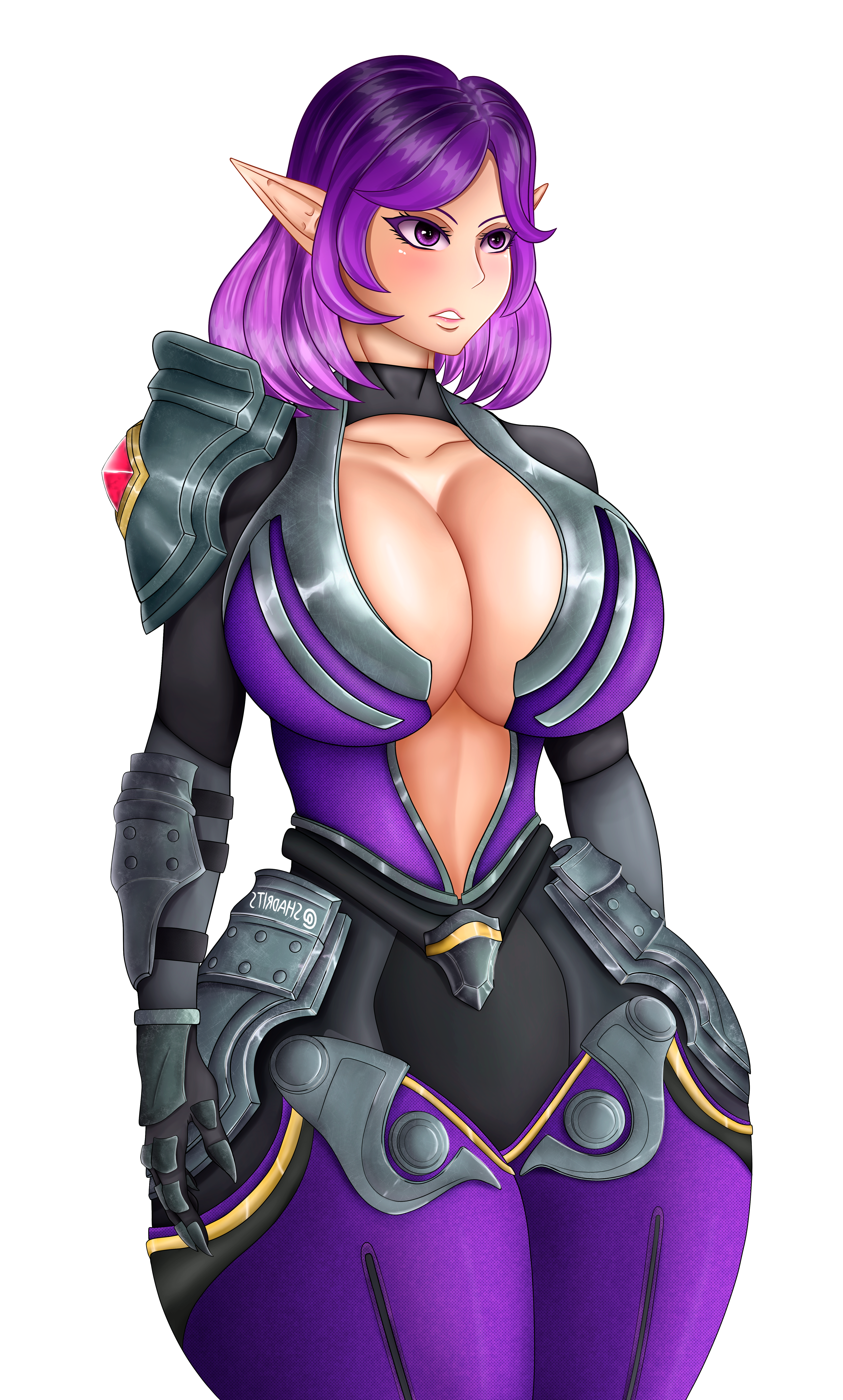 1girls, 2d, anime style, armor, arms behind back, ass, big ass, big breasts, breasts, female, large breasts, latex suit, paladins, purple eyes, purple hair, seductive, self upload, shadrits, skye (paladins), suit, thick thighs, video games