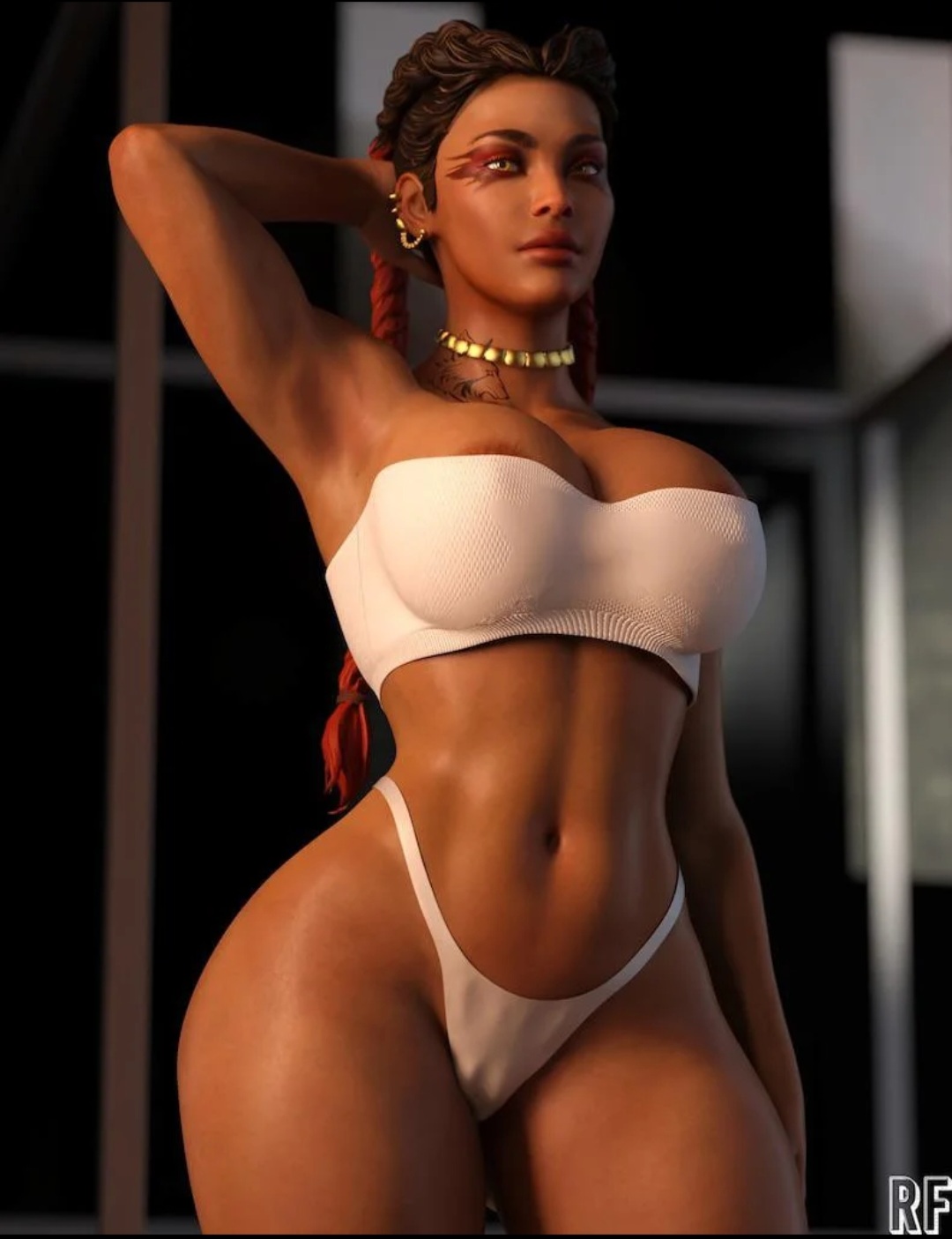1girls, 3d, abs, apex legends, ass, big breasts, bra, braided twintails, brazilian, breasts, choker, cleavage, dark skin, dark-skinned female, earrings, facial markings, female, female only, large breasts, latina, lingerie, lipstick, loba (apex legends), long hair, looking at viewer, no pants, panties, respawn entertainment, rude frog, solo, tattoo, thick eyebrows, thick thighs, wide hips