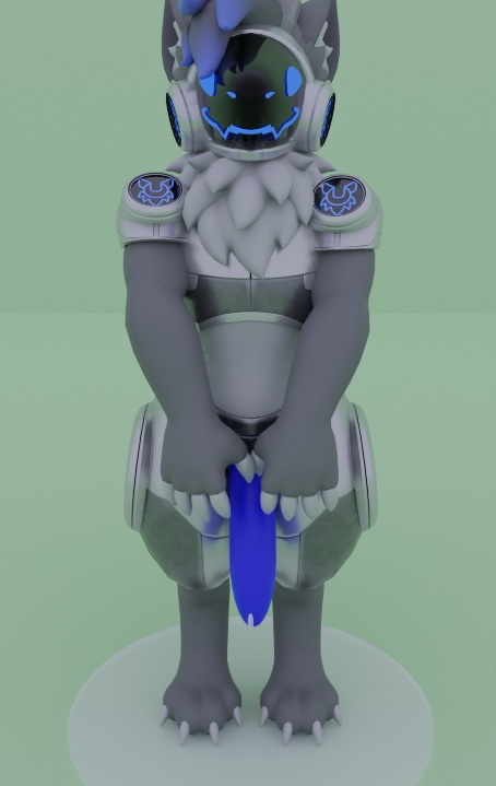 anthro blue_penis bodily_fluids cum genital_fluids genitals looking_at_viewer lunar_proto machine male penis protogen simple_background smile solo standing_in_cum