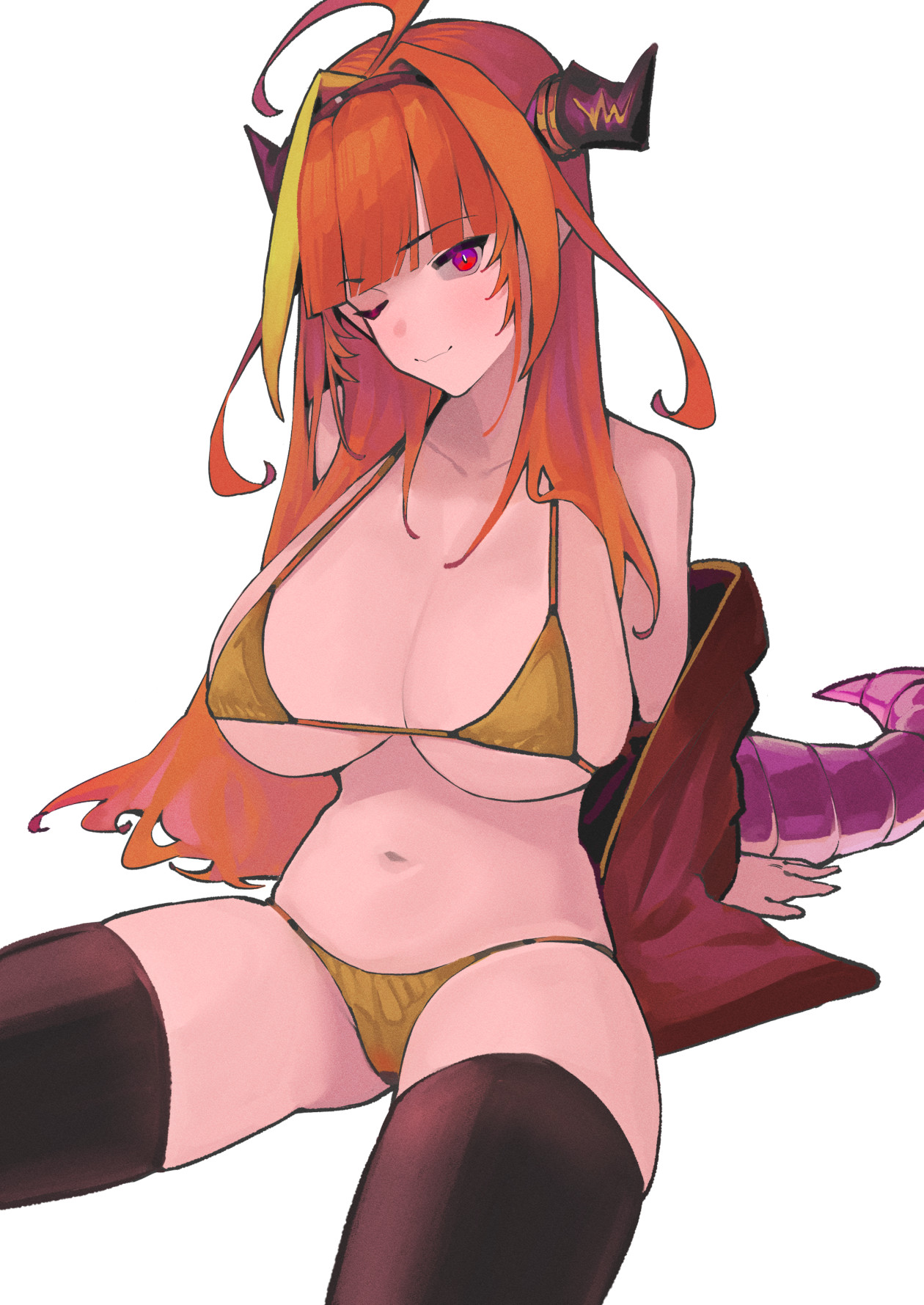 ahoge, big breasts, breasts, dismassd, dragon girl, dragon horns, female, holoforce, hololive, hololive japan, horn ornament, huge breasts, jacket, kiryu coco, micro bikini, open jacket, orange hair, pointy ears, red eyes, streaked hair, tagme, thighhighs, virtual youtuber