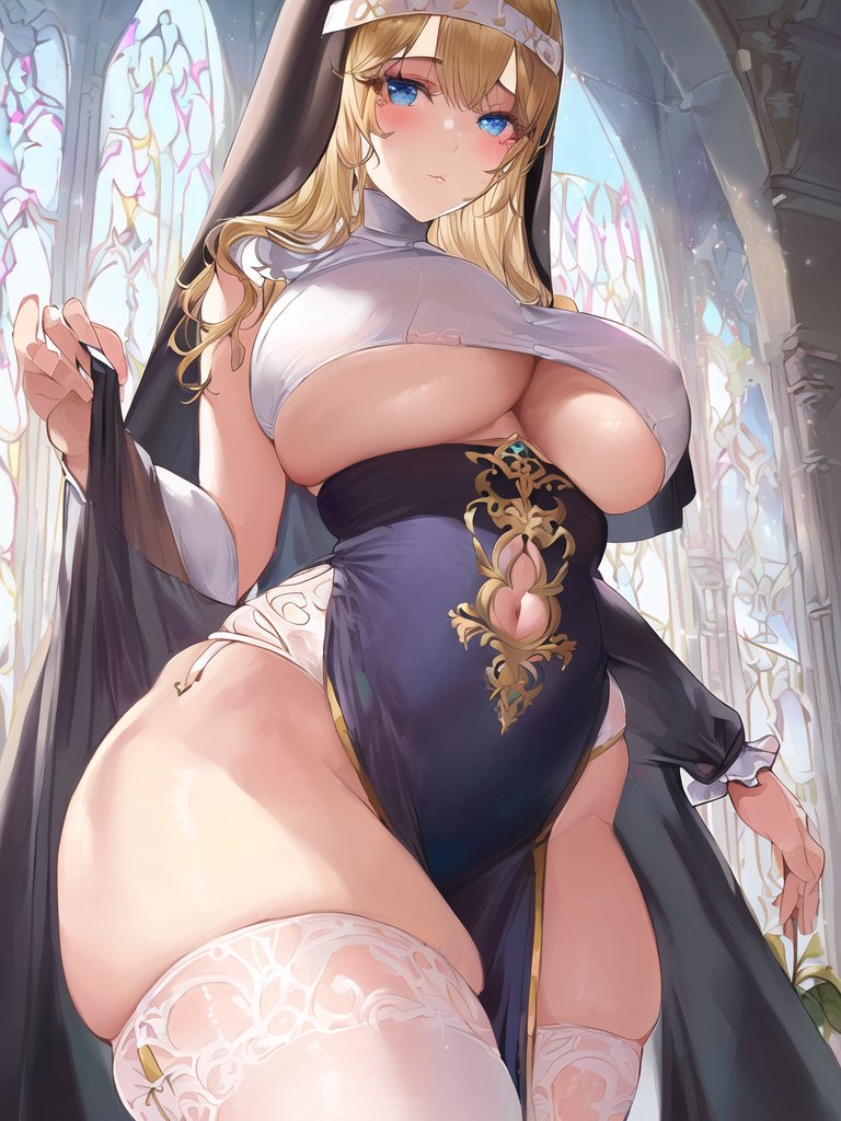 1girls, ai generated, big breasts, blonde hair, breasts, church, curvaceous, curvy figure, female, female only, high resolution, highres, long hair, looking at viewer, nai diffusion, nun, nun outfit, original, solo, stable diffusion, voluptuous, voluptuous female
