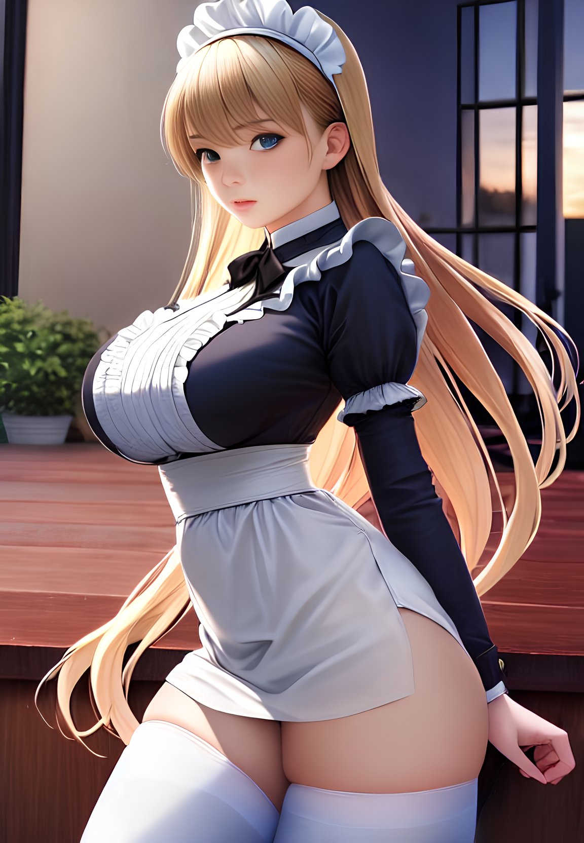 1girls, ai generated, big breasts, blonde hair, breasts, bulging breasts, curvaceous, curvy female, curvy figure, female, female only, high resolution, highres, long hair, looking at viewer, maid, maid apron, maid outfit, maid uniform, nai diffusion, original, seductive look, solo, stable diffusion, voluptuous, voluptuous female
