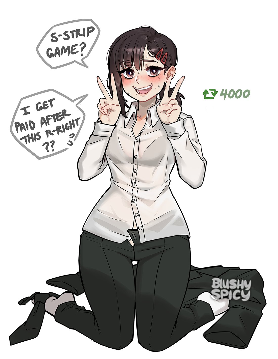 1girls, black hair, blush, blushypixy, blushyspicy, chainsaw man, dialogue, double v, english, english text, female, female focus, female only, higashiyama kobeni, strip game, tagme
