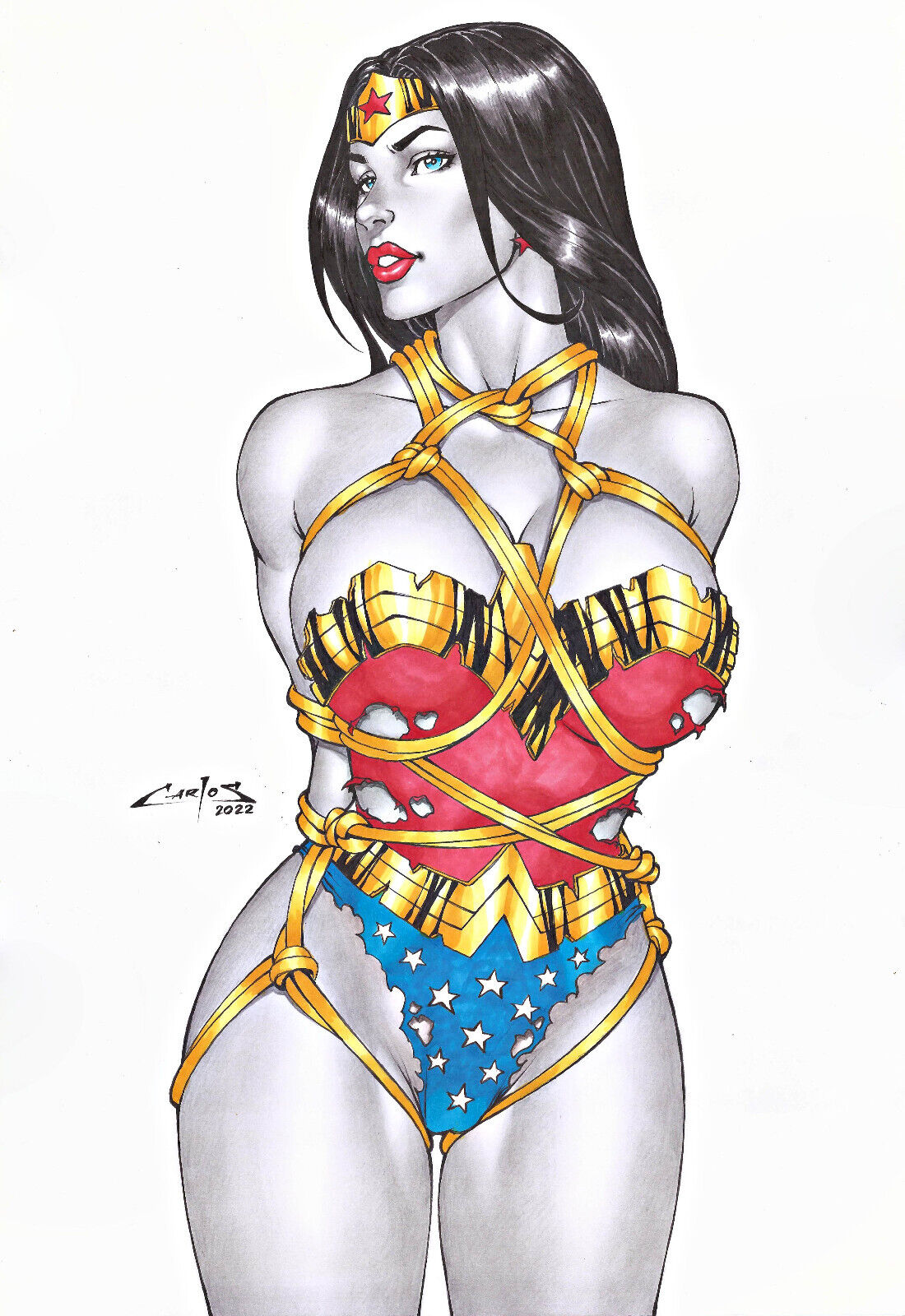 1girls 2022 amazon big_breasts black_hair blue_eyes bondage carlos_braga curvy_female curvy_figure dc dc_comics diana_prince earrings ed_benes_studio female female_only femsub fully_clothed lasso_of_truth leotard long_hair looking_at_viewer ripped_clothing rope_bondage solo star_earrings superheroine tiara torn_clothes voluptuous voluptuous_female wonder_woman wonder_woman_(series)