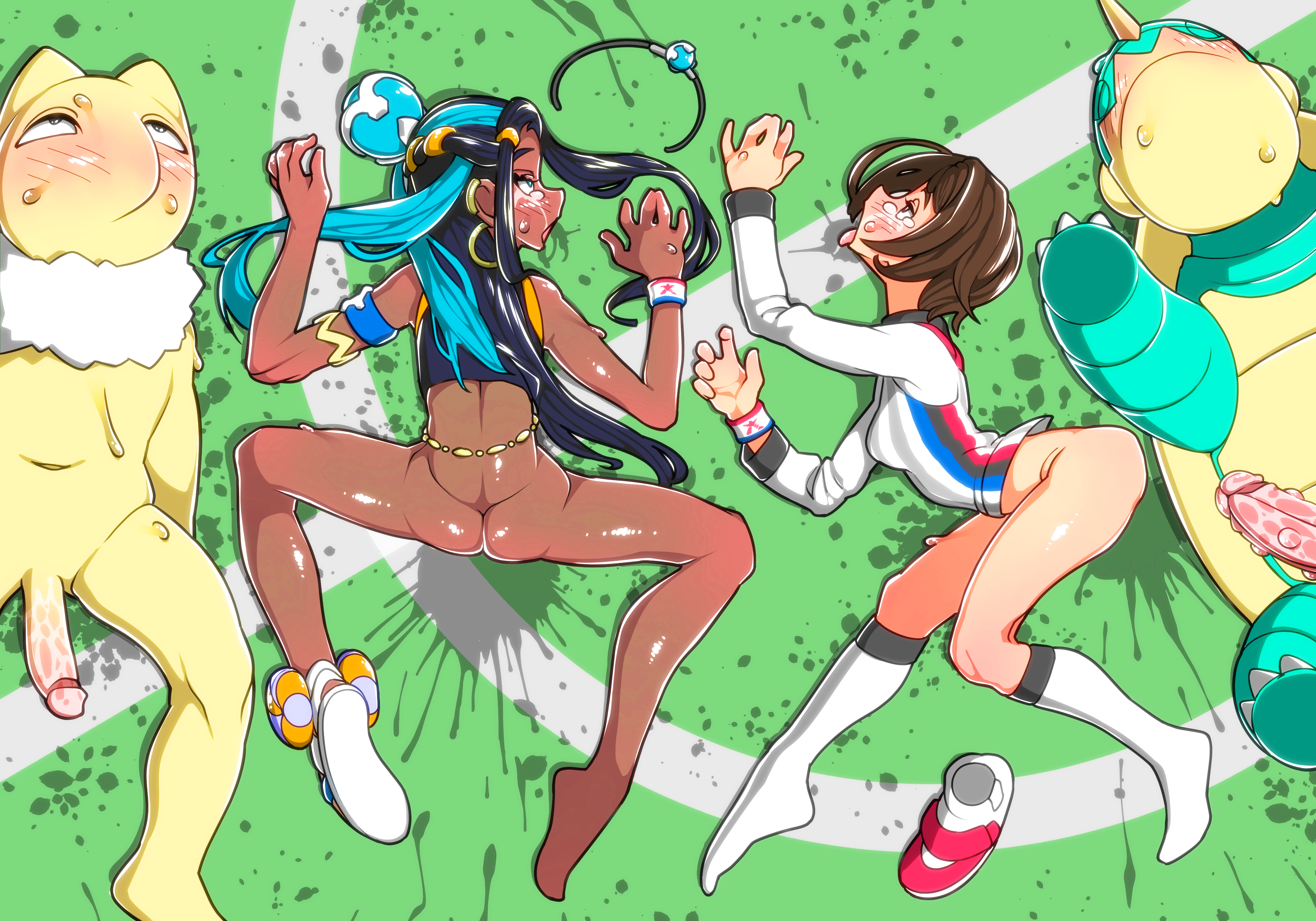 after rape, after sex, bottomless, broken rape victim, crying, crying with eyes open, drednaw, female, gloria (pokemon), hypno, male, male pokemon, male pokemon/female human, nessa (pokemon), no panties, pokemon, pokemon (species), pokemon ss, pokephilia, public, public exposure, public humiliation, public nudity, tagme, yuuri splatoon