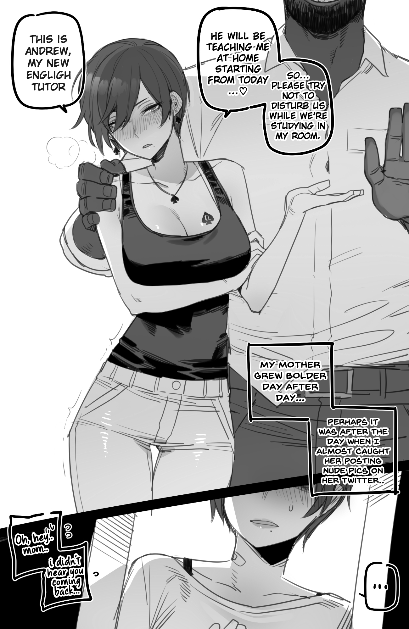 1girls, 2022, 2boys, dark skin, dark-skinned male, earrings, english text, female, interracial, male, monochrome, motherly cuckold, netorare, original, original character, qos, queen of spade symbol, queen of spade tattoo, queen of spades, ratatatat74, tank top, tattoo