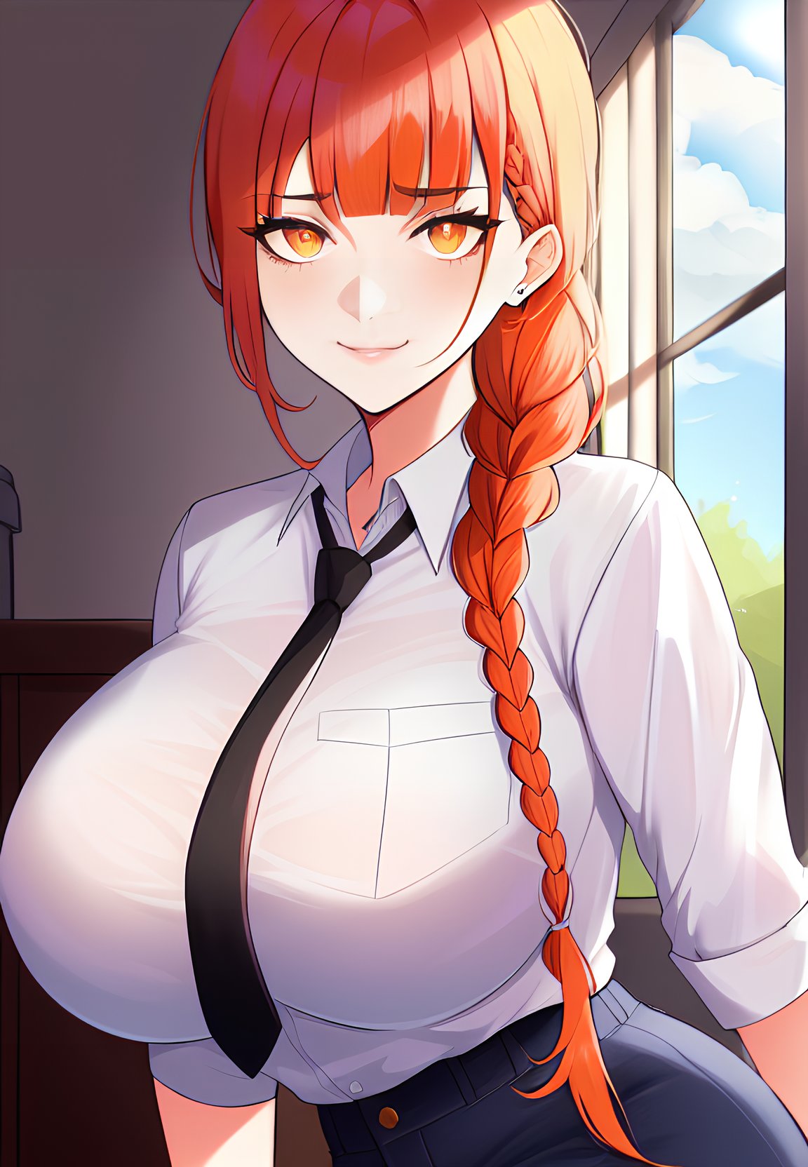 1girls, ai generated, big breasts, breasts, chainsaw man, female, female only, hair braid, high resolution, highres, looking at viewer, makima (chainsaw man), milf, nai diffusion, office lady, redhead, solo, stable diffusion