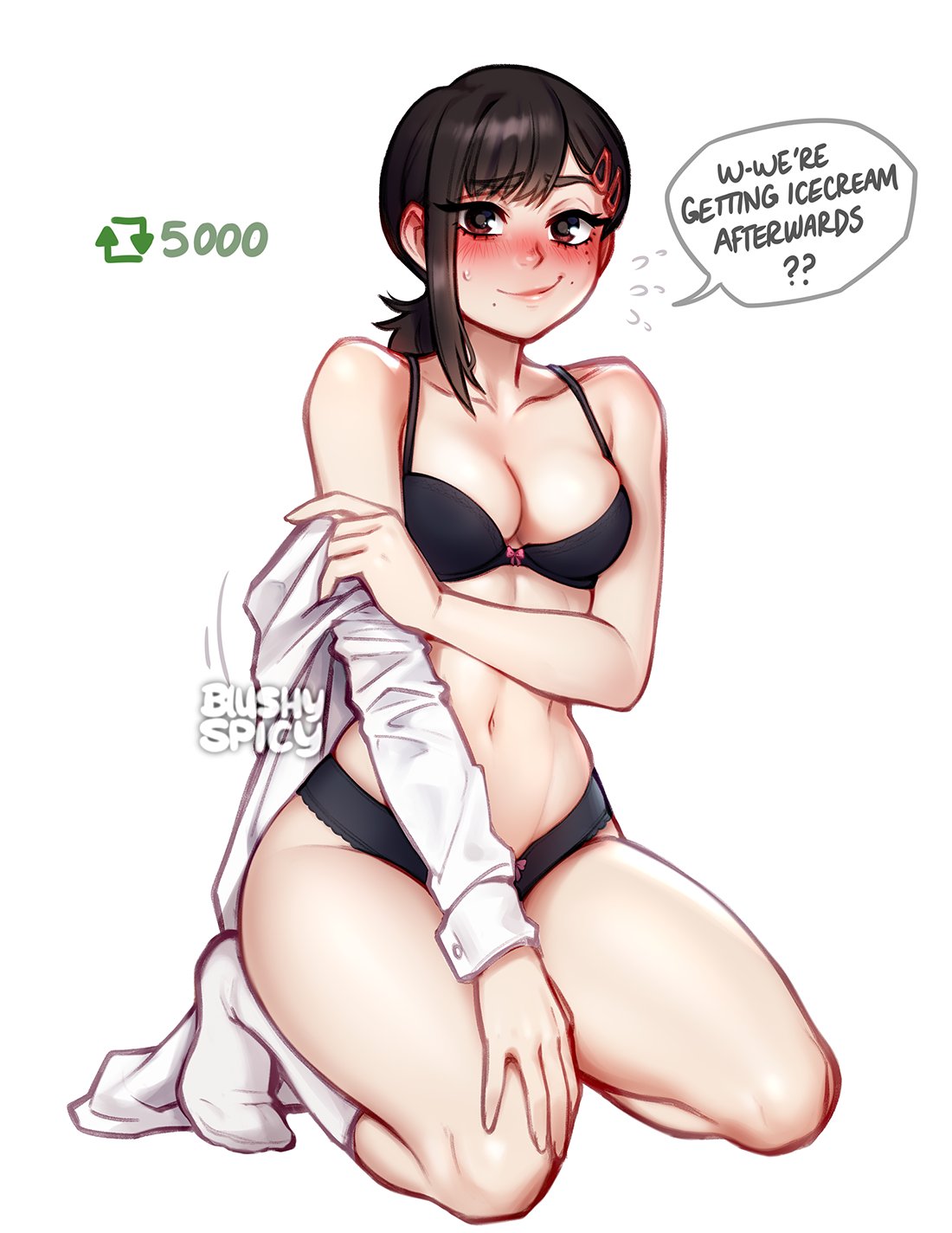 1girls, artist name, asian, asian female, bangs, black hair, blush, blushypixy, blushyspicy, bra, breasts, brown eyes, brown hair, chainsaw man, cleavage, clothed, clothing, eyelashes, female, female human, female only, hairclip, higashiyama kobeni, hips, human, legs, light skin, light-skinned female, lips, looking at viewer, panties, shirt, simple background, smile, socks, solo, speech bubble, thighs, underwear, undressing, white background, wholesome