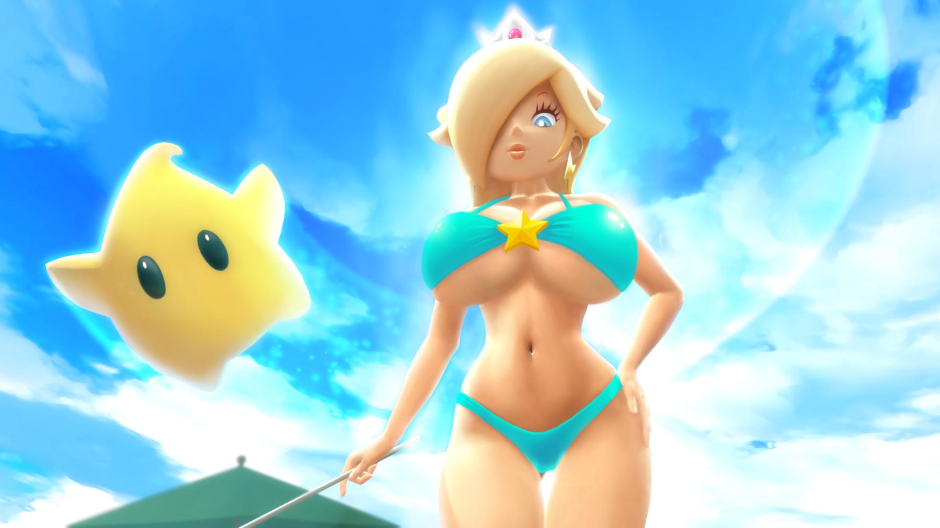 1girls 3d 3d_(artwork) bedroom_eyes big_breasts big_thighs bikini blue_eyes breasts brooch cleavage crown curvy earrings female hair_over_one_eye half-closed_eyes hand_on_hip light-skinned_female light_skin lips lipstick long_hair looking_down mario_(series) milf nintendo platinum_blonde_hair princess_rosalina star_earrings thick thick_hips thick_thighs thighs wide_hips wonster-chan