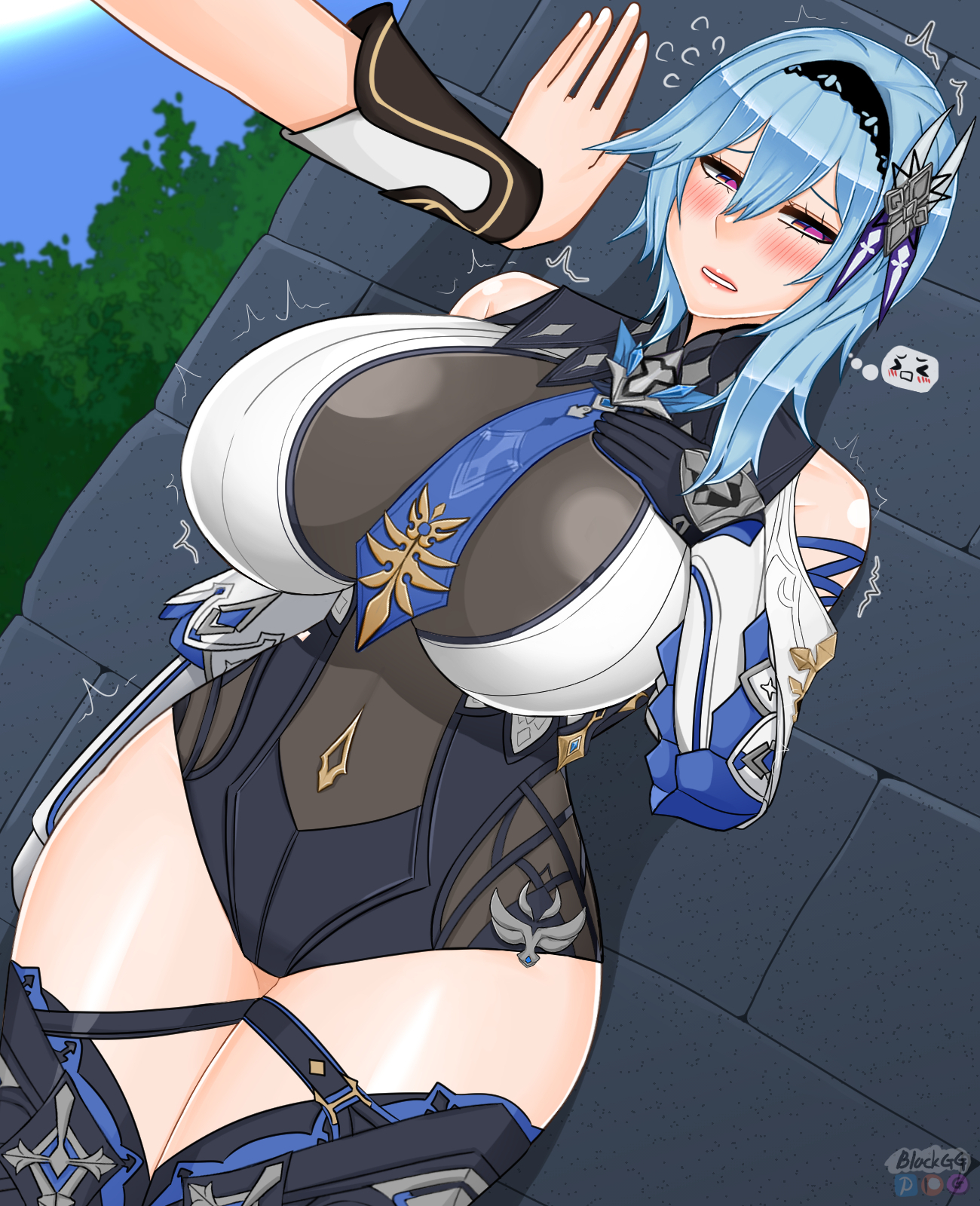 1boy, 1girls, aether (genshin impact), ass, before sex, big ass, big breasts, blackgg, blush, breasts, colored, drawing, eula (genshin impact), female, genshin impact, gloves, hand on wall, heat, imminent sex, male, mihoyo, shy, straight, thick thighs