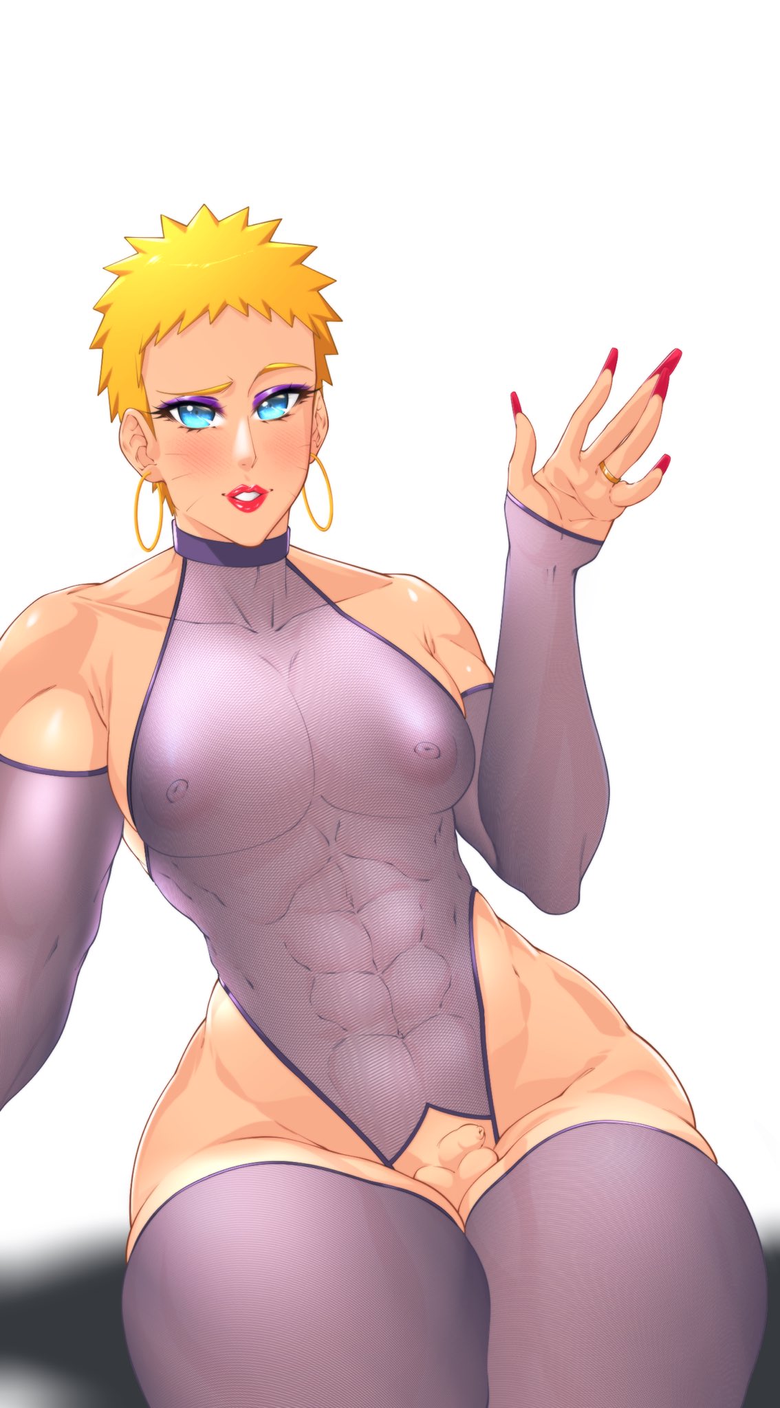 1boy abs androgynous areolae armwear balls bare_shoulders bimbo blonde_hair blue_eyes blush boruto:_naruto_next_generations child_bearing_hips crossdressing curvaceous curvy curvy_figure curvy_hips curvy_male ear_piercing earrings elbow_gloves erect_nipples femboy femboy_dilf feminine_male fingerless_gloves girly hi_res highres hoop_earrings hourglass_figure jewelry large_areolae legs_together legwear light-skinned_male light_skin lips lipstick looking_at_viewer makeup male male_only micropenis muscle muscular muscular_femboy nail_polish naruto naruto_(series) nipples no_panties painted_nails pale-skinned_male pale_skin parted_lips pecs penis pink_nipples red_lips red_lipstick red_nail_polish red_nails ring see-through see-through_clothing short_hair shounen_jump sissy sitting sleeveless_shirt small_balls small_penis solo solo_focus solo_male spiky_hair stockings suiren_ciao thighhighs tight_clothing tiny_penis tomgirl trap uzumaki_naruto voluptuous whisker_markings whiskers wide_hips yellow_hair