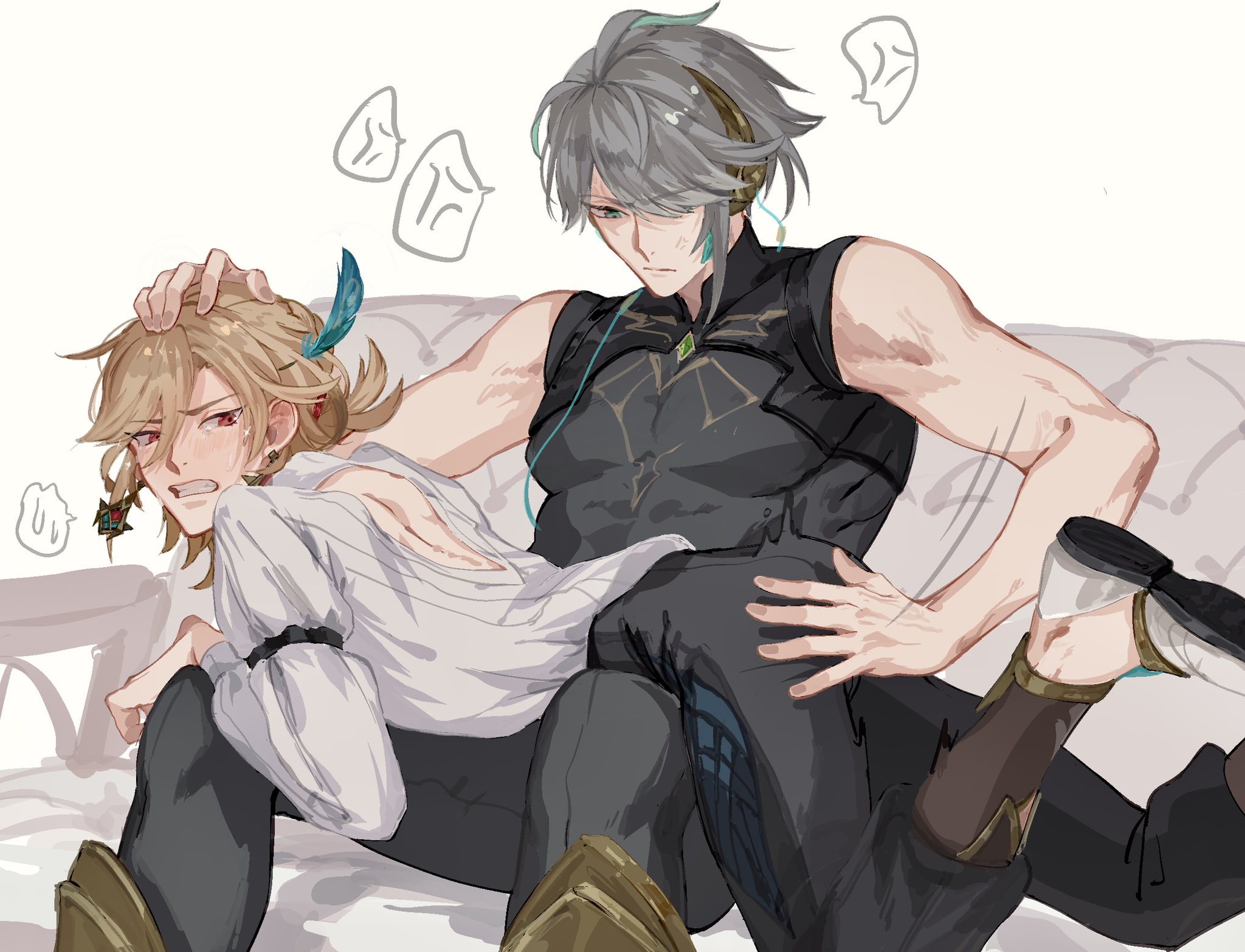 2boys, alhaitham (genshin impact), angry, ass, blonde hair, crying, flushed, flushed face, genshin impact, green eyes, grey hair, kaveh (genshin impact), laying on stomach, male, male only, male/male, multicolored hair, multiple boys, multiple males, muscular, muscular male, punishment, punishment spanking, red eyes, spanking, submissive male, twink, yaoi