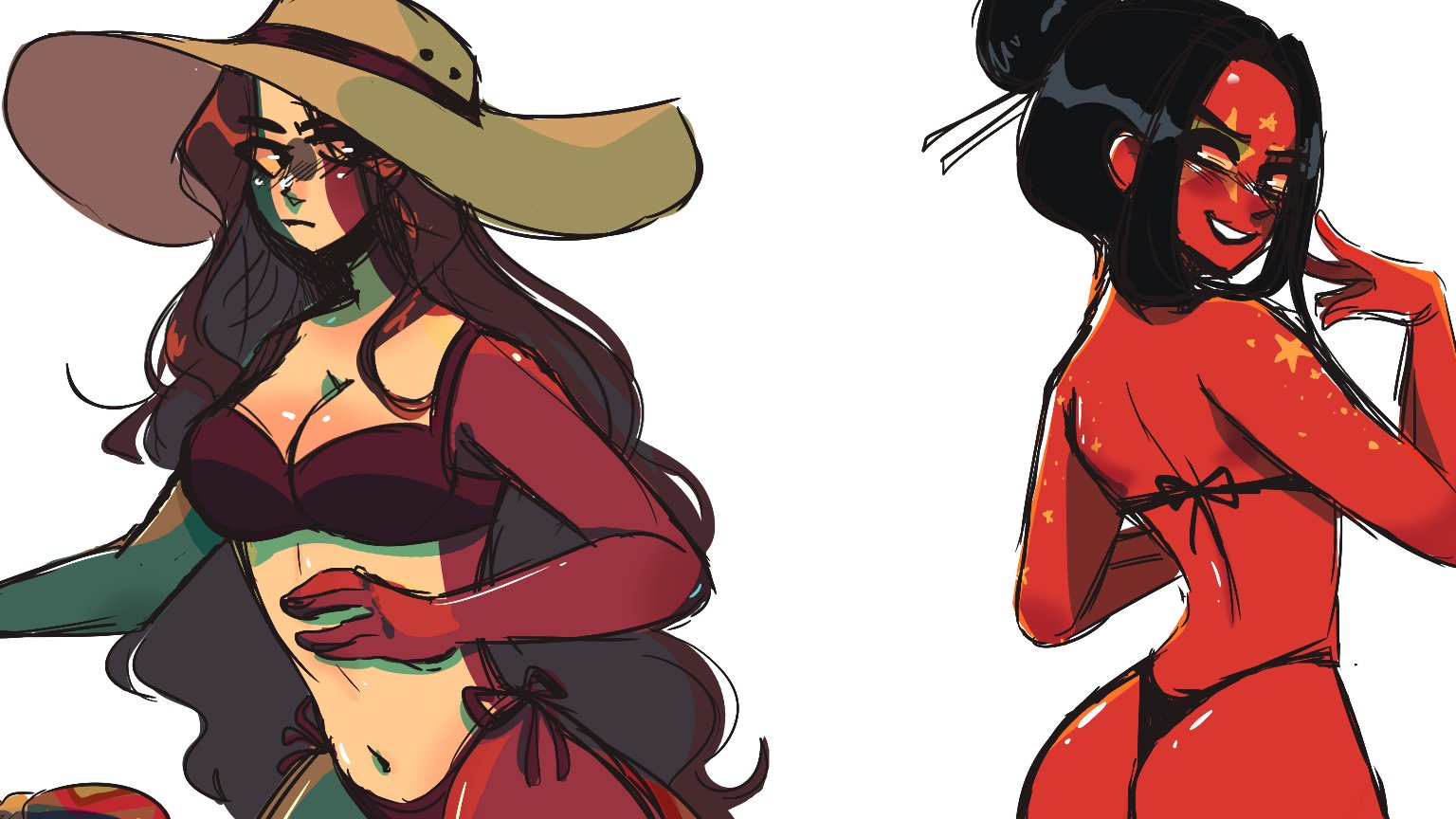 2girls, adriurbae, ass, bikini, china (countryhumans), countryhumans, countryhumans girl, female, hat, mexico (countryhumans), thong, thong bikini