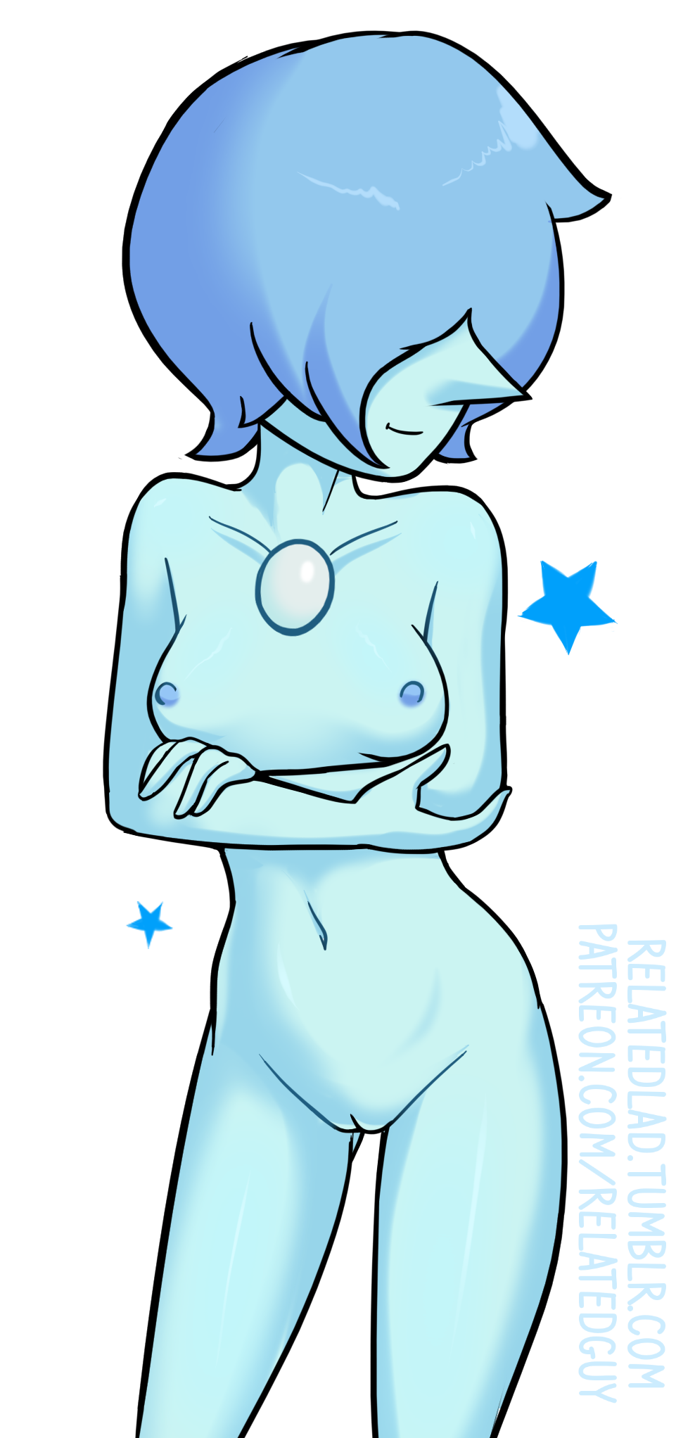 1girls arms_crossed blue_hair blue_pearl_(steven_universe) blue_skin cartoon_network crossed_arms female gem_(species) hair_over_eyes nude pointy_nose pussy relatedguy short_hair small_breasts smile solo solo_female stars steven_universe transparent_background