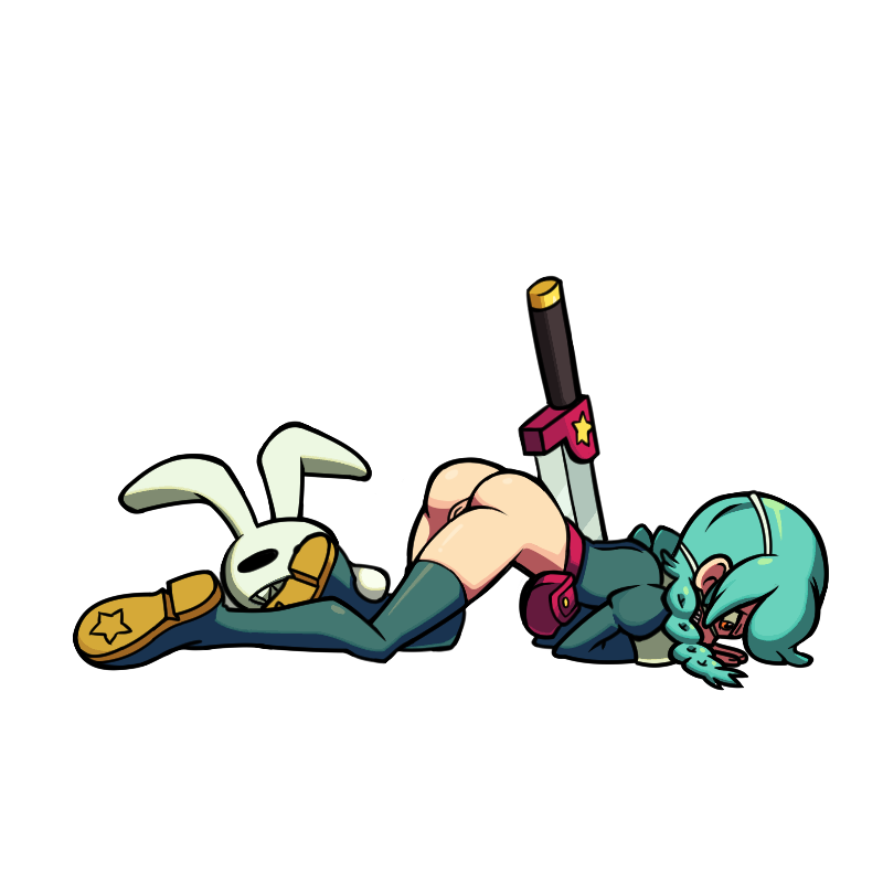 1girls annie_(skullgirls) ass ass_up braided_hair bunny_plush butt edit green_hair jomokin laying_down light-skinned_female no_panties plushie pussy round_ass sagan_(skullgirls) skullgirls sword transparent_background twintails vagina