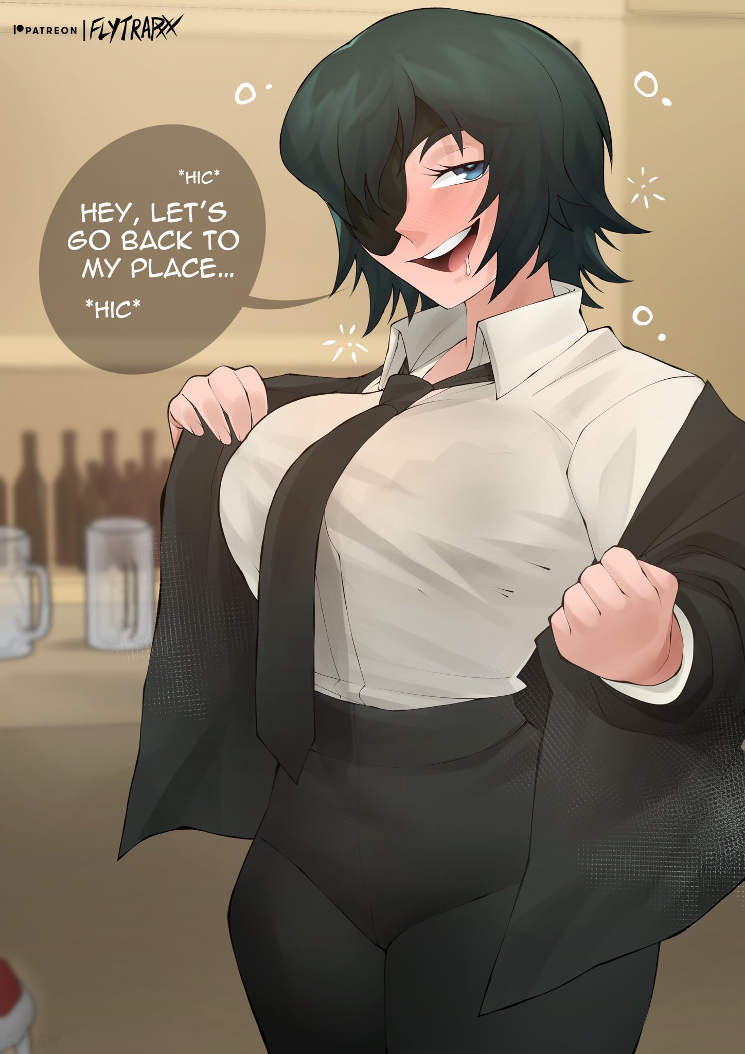 1girls, big breasts, blue eyes, blue hair, blush, breasts, chainsaw man, dialogue, drooling, drunk, english text, eyepatch, female, flytrapxx, hiccuping, himeno (chainsaw man), horny, horny female, inviting, inviting to sex, necktie, office lady, pants, pantylines, short hair, smile, solo, text bubble, undressing