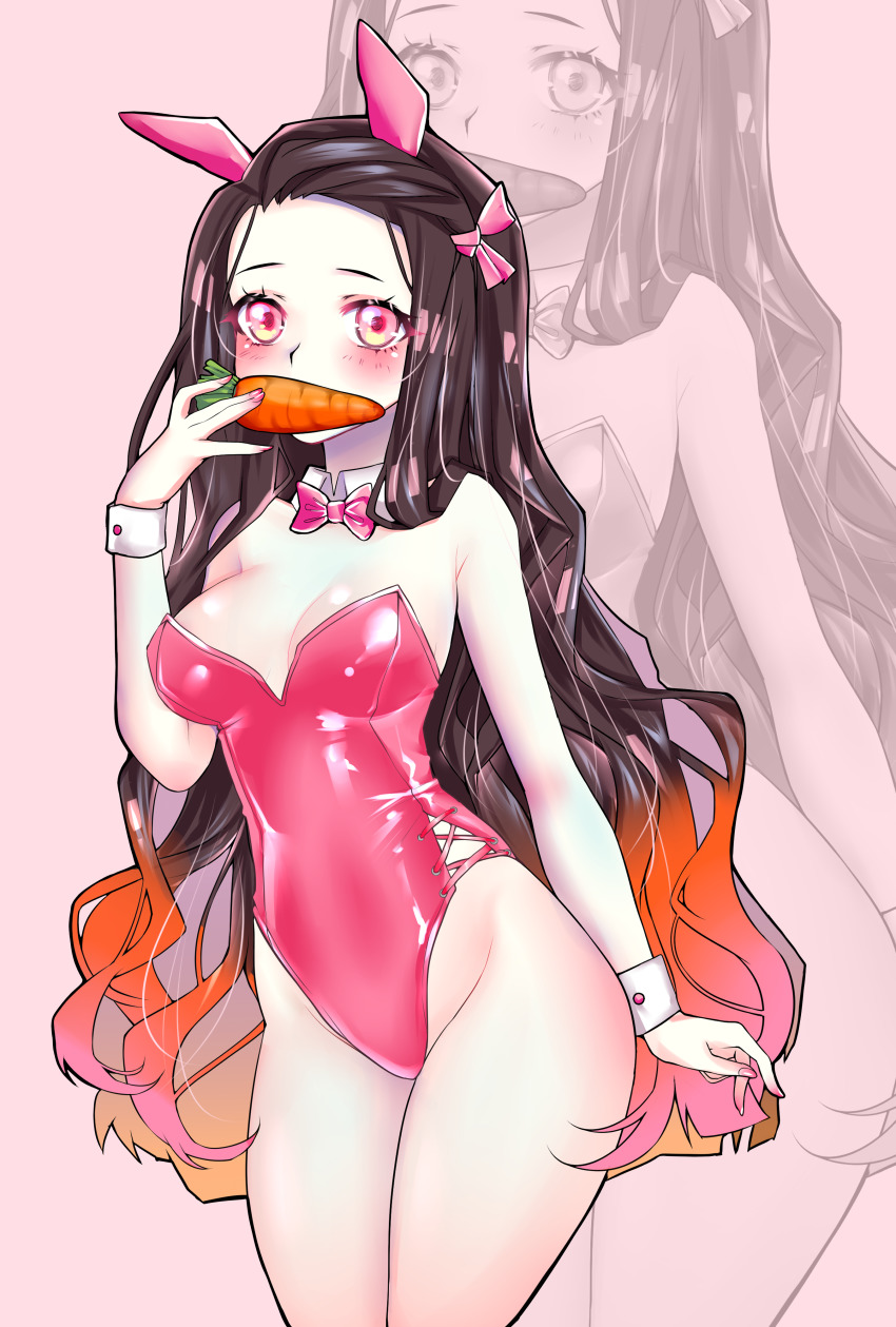 1girls black_hair breasts bunny_ears carrot carrot_in_mouth demon_slayer detached_collar fake_animal_ears food food_in_mouth highleg highleg_leotard kamado_nezuko kimetsu_no_yaiba leotard long_hair looking_at_viewer medium_breasts multicolored_hair necrotenshi painted_fingernails pink_eyes pink_leotard ribbon_in_hair wrist_cuffs