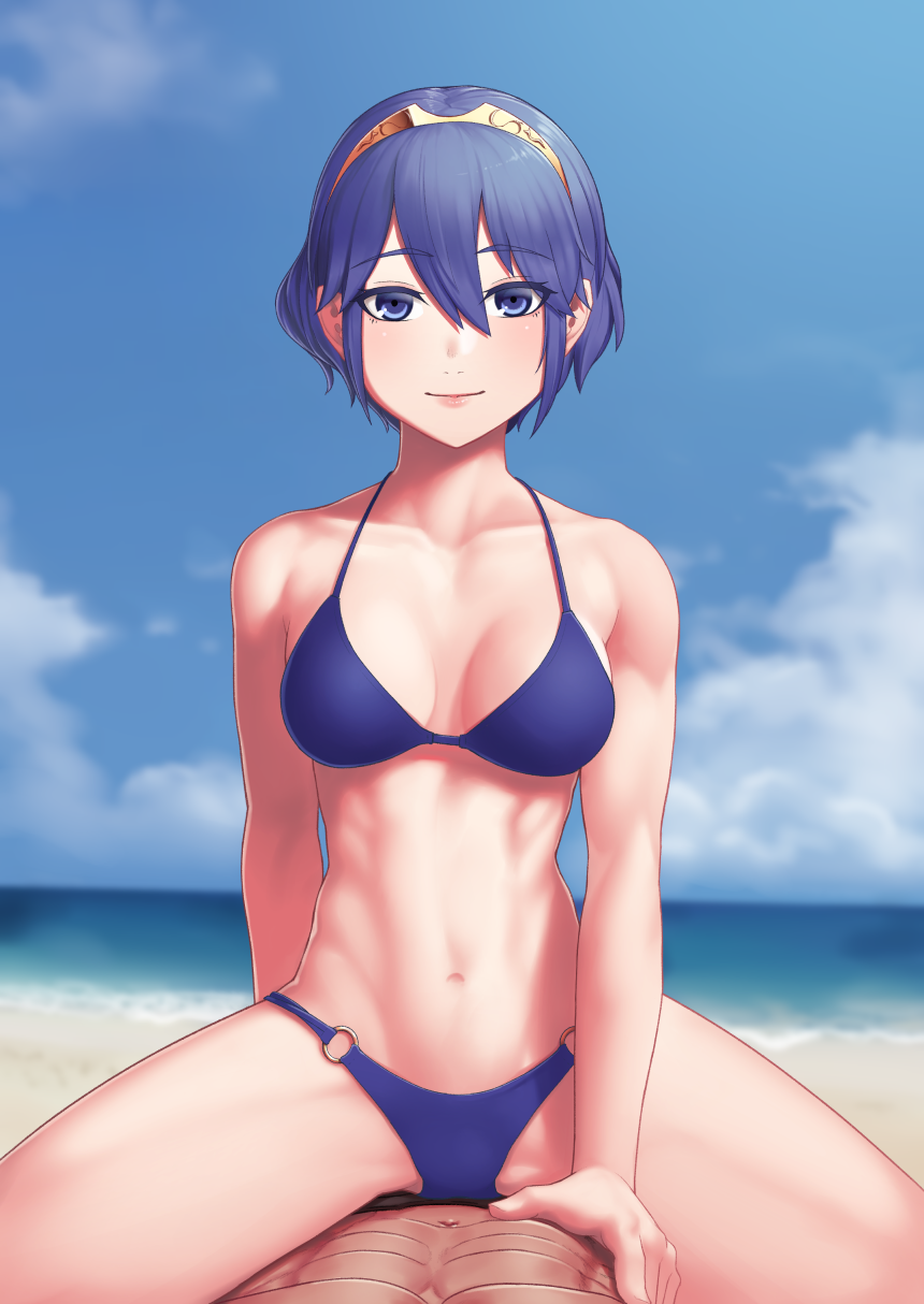 1boy 1girls abs alternate_costume alternate_hairstyle beach bikini blue_bikini blue_eyes blue_hair blue_swimsuit breasts cowgirl_position female fire_emblem fire_emblem_awakening hair_ornament higher_resolution_duplicate highres looking_at_viewer lucina_(fire_emblem) male_pov marth_(fire_emblem_awakening) muscular navel nintendo ocean png pov putcher short_blue_hair short_hair sitting sitting_on_person small_breasts solo_focus straddling straight swimsuit