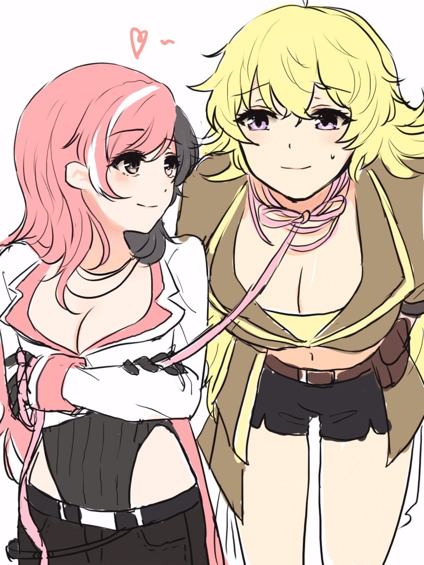 2girls big_breasts black_hair breasts brown_eyes busty cleavage crop_top cropped_jacket female female_only heterochromia jacket large_breasts leaning_forward leash leotard leotard_under_clothes long_hair midriff multicolored_hair navel neo_(rwby) pink_hair purple_eyes rwby short_shorts shorts sketch sweat tl_xdd yang_xiao_long yellow_crop_top yellow_hair yuri