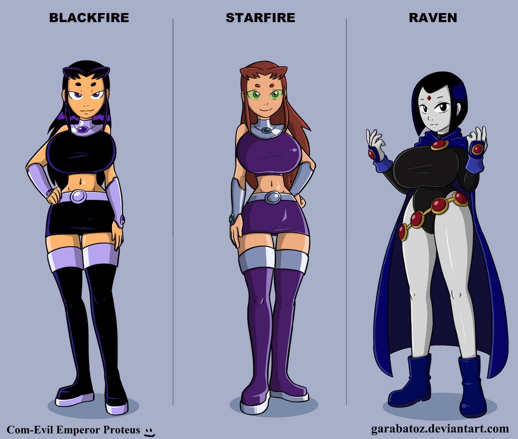 2d, 3girls, alternate breast size, bare legs, belt, big breasts, black eyes, black hair, blackfire, boots, breasts, cartoon network, cloak, dc, dc comics, enormous breasts, female, female only, garabatoz, green eyes, green sclera, grey skin, grey-skinned female, hand on hip, huge breasts, komand'r, koriand'r, leotard, long hair, looking at viewer, midriff, multiple females, multiple girls, navel, purple eyes, rachel roth, raven (dc), red hair, seductive look, seductive smile, short hair, skirt, smile, starfire, superheroine, tamaranean, tan skin, tan-skinned female, teen titans, thigh boots, thighs