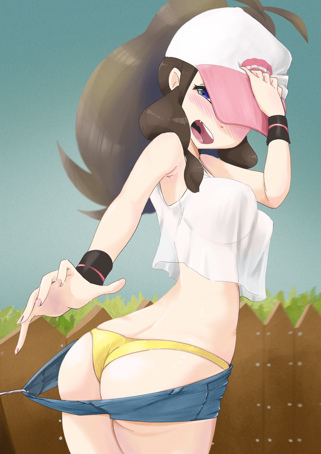 ass, blue eyes, breasts, brown hair, creatures (company), denim shorts, female, game freak, hilda (pokemon), large breasts, microsd (artist), nintendo, panties, pokemon, pokemon (game), pokemon bw, shorts, yellow panties