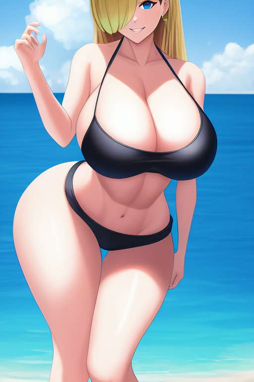 1girls, abs, ai generated, beach, bikini, bikini top, blonde hair, blue eyes, breasts, cleavage, cynthia (pokemon), deep cleavage, female, game freak, hair over one eye, hourglass figure, huge breasts, huge thighs, large breasts, long hair, looking at viewer, midriff, nintendo, ocean, pokemon, pokemon dppt, sideboob, stable diffusion, swimsuit, swimwear, thick thighs, voluptuous, voluptuous female, wide hips