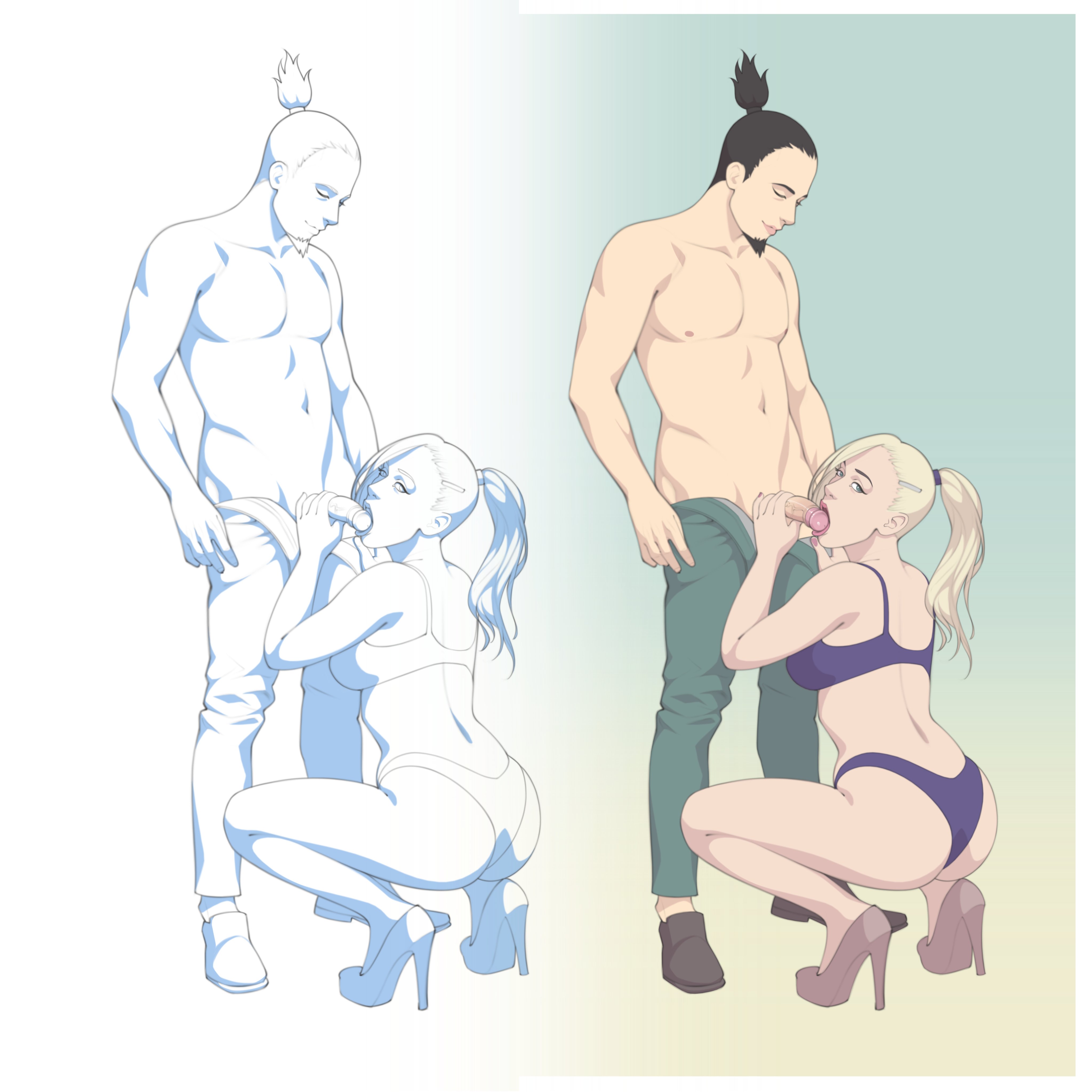 1boy, 1girls, beard, boruto: naruto next generations, bra, facial hair, female, goatee, heels, high heels, human, ino yamanaka, kneeling, licking, licking penis, lipstick, makeup, male, male/female, nara shikamaru, naruto, naruto (series), open pants, oral, oral sex, panties, pants, penis, penis in mouth, penis out, ponytail, reserexerion, shirtless, shirtless (male), shoes, standing, straight, tied hair, underwear