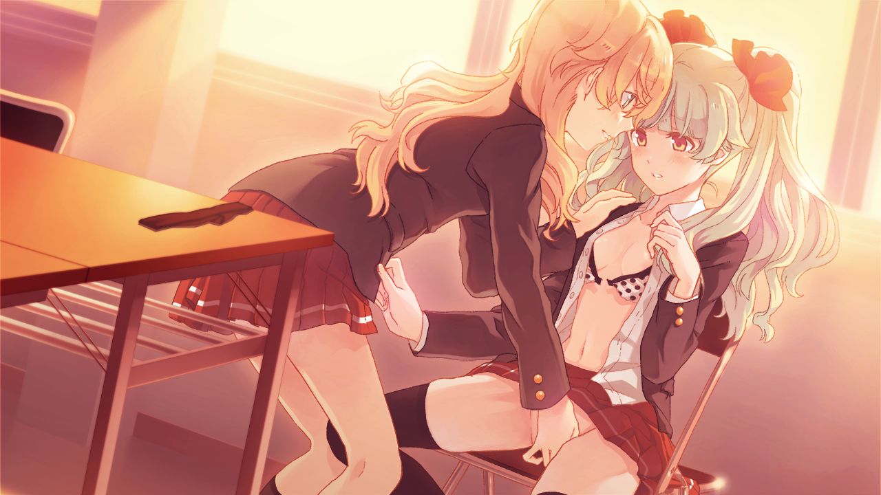 2girls black_jacket black_thighhighs blonde_hair blue_eyes bra breasts brown_eyes classroom cleavage collarbone collared_shirt cosmic_(crownclowncosmic) couple dress_shirt dusk fingering game_cg green_hair hair_ornament hand_on_another's_shoulder incest jacket leaning_forward long_hair long_sleeves looking_at_another miniskirt multiple_girls no_panties open_bra open_clothes open_jacket open_shirt parted_lips pleated_skirt polka_dot polka_dot_bra public red_skirt sakura_futaba_(tsui_yuri_okaa_san_ni_wa_naisho_da_yo) sakura_ichika school school_uniform shiny shiny_hair shirt siblings sisters sitting skindentation skirt small_breasts straight_hair thighhighs tsui_yuri_okaa_san_ni_wa_naisho_da_yo twintails unbuttoned unbuttoned_shirt underwear unfastened very_long_hair white_bra white_shirt wing_collar young yuri