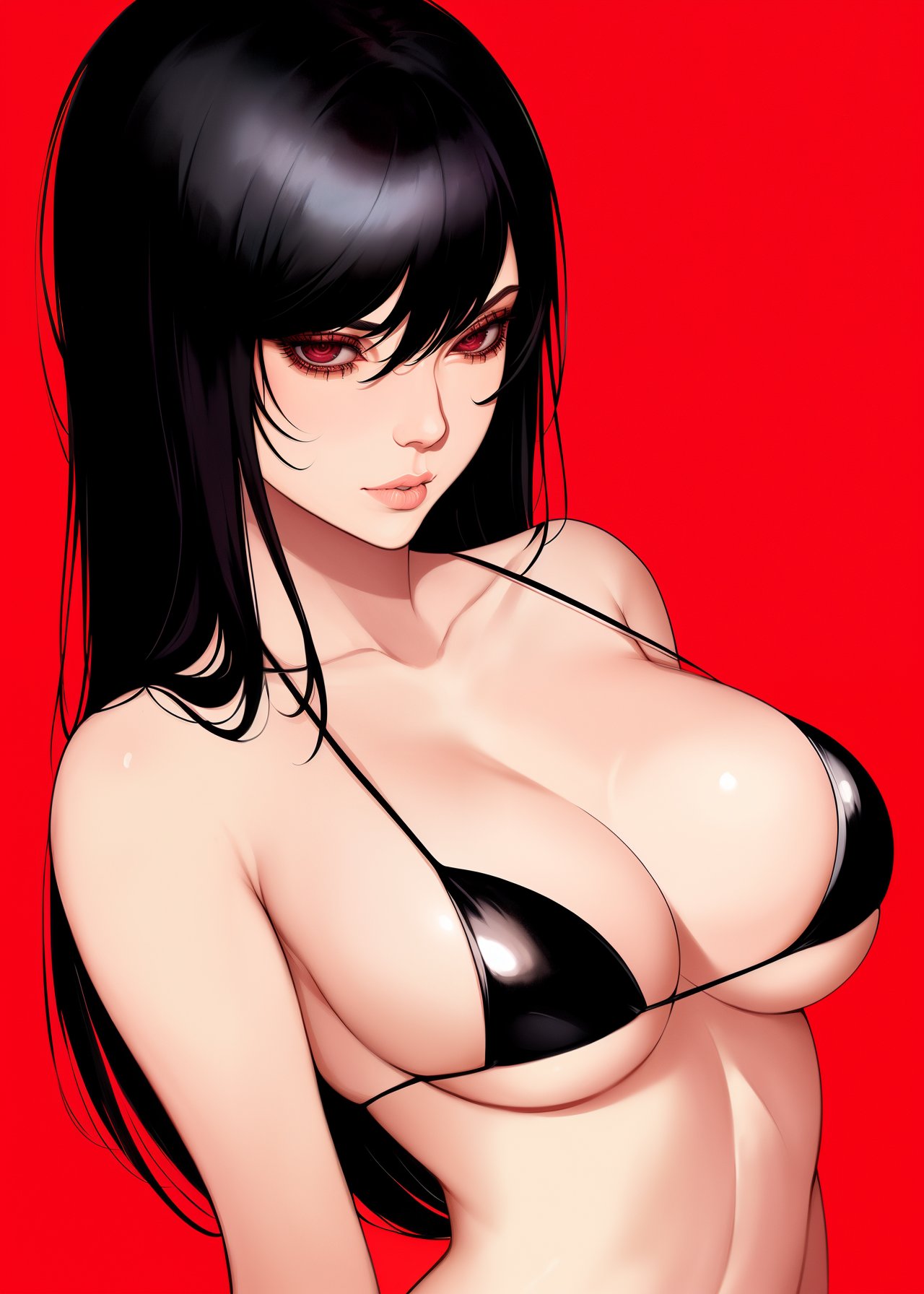 1girls, ai generated, big breasts, black bra, black hair, breasts, bulging breasts, curvaceous, curvy female, curvy figure, female, female only, high resolution, highres, latex bra, long hair, looking at viewer, nai diffusion, original, solo, stable diffusion, voluptuous, voluptuous female