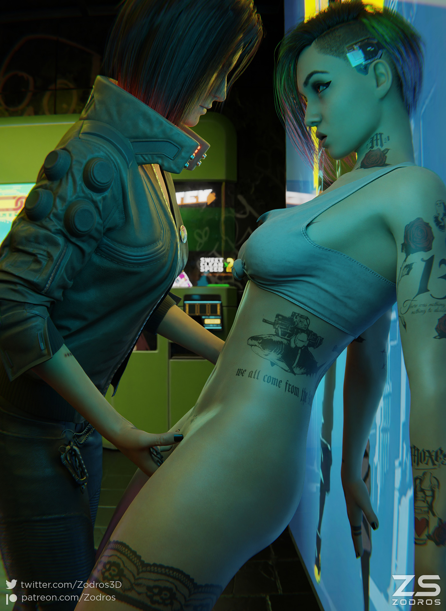 2girls, 3d, 3d (artwork), against glass, against surface, against wall, blender (software), blender cycles, cyberpunk, cyberpunk 2077, female, female only, female torso, fingering, fingering partner, fingering pussy, half naked, half nude, half-dressed, hands down, judy alvarez, light, lighting, looking pleasured, nude, open mouth, pussy, short hair, tattoo, tattooed arm, tattoos, v (cyberpunk 2077), valerie (cyberpunk 2077), vulva handjob, yuri, zodros
