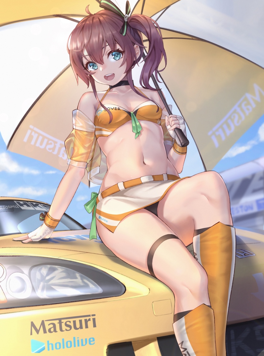 1girls black_panties blue_eyes bra breasts brown_hair car choker clouds detached_sleeves gloves hair_ornament holding_umbrella hololive hololive_gen_1 hololive_japan honda honda_s2000 joeychen knee_boots looking_at_viewer midriff miniskirt motor_vehicle natsuiro_matsuri navel orange_bra outside panties pantyshot pantyshot_(sitting) race_car race_queen side_ponytail sitting_on_car skirt sky small_breasts thigh_strap umbrella upskirt virtual_youtuber