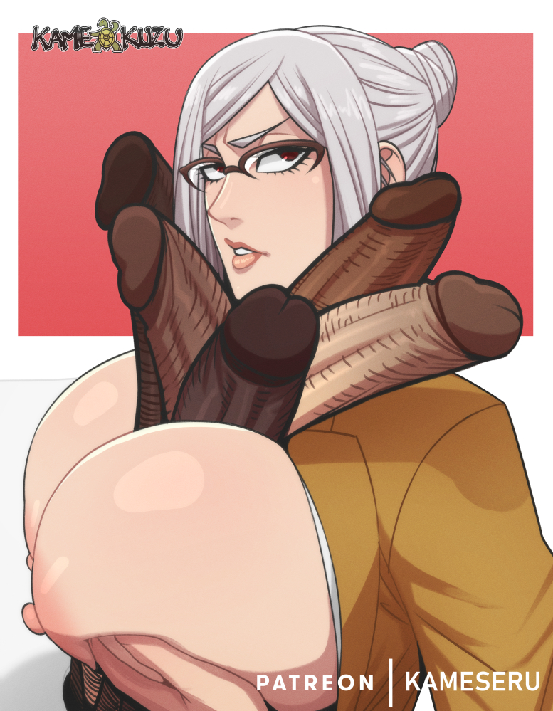 1girls, 5boys, big breasts, big penis, breasts, dark skin, dark-skinned male, double barrel paizuri, female, glasses, huge breasts, interracial, kamekuzu, kameseru, male, multiple boys, multiple males, nipples, paizuri, penis, prison school, shiraki meiko, silver hair, tied hair, upper body, white hair, white-haired female