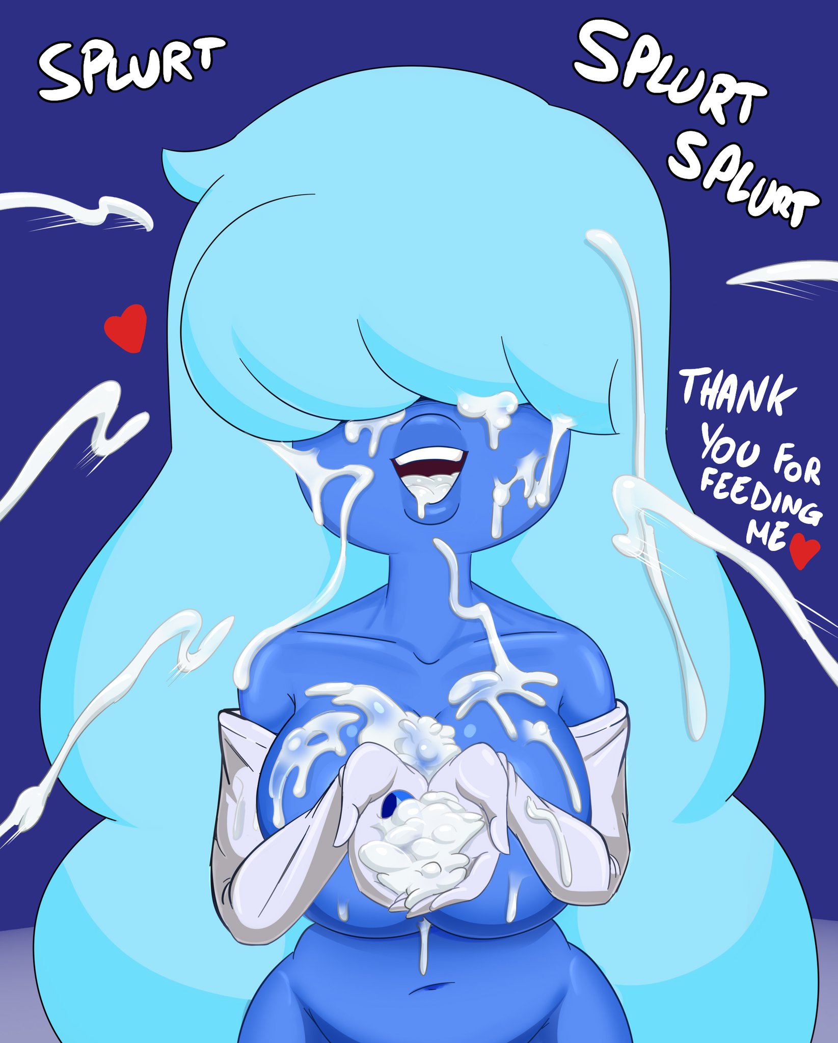 1girls, 2d, blue body, blue female, blue hair, blue skin, blue-skinned female, breasts, cartoon network, covered eyes, cum, cum in mouth, cum on blue skin, cum on body, cum on breasts, cum on face, cum shower, cumshot, elbow gloves, female, hair over eyes, male, multiple boys, multiple males, offscreen male, offscreen masturbation, open mouth, orientation play, sapphire (steven universe), smaller female, spakka5, steven universe, thanking