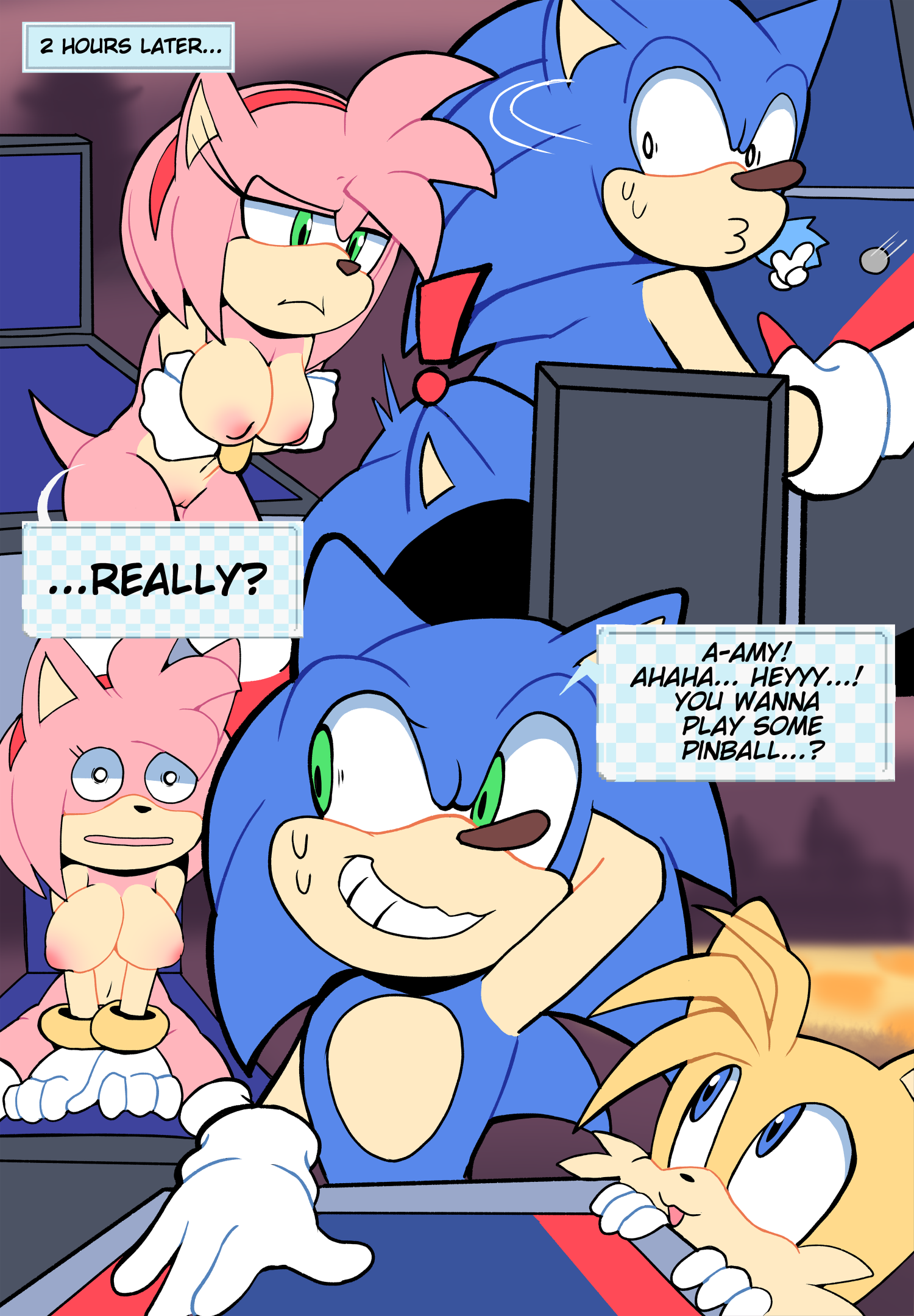 4 fingers, amy rose, big breasts, black nose, black pupils, blep, blonde hair, blue body, blue fur, bodily fluids, bracelet, breasts, brown nose, cheek tuft, clothing, comic, comimc, dialogue, english text, exclamation point, facial tuft, female, fingers, frown, fur, genitals, gloves, green eyes, group, handwear, hi res, jewelry, looking at another, looking back, looking up, male, naked, nipples, nude, open mouth, pink body, pink fur, pink hair, pink nipples, pink pussy, pupils, pussy, sega, senshion, sitting, sonic (series), sonic the hedgehog, sonic the hedgehog (series), speech bubble, sweat, tan body, tan fur, text, text box, tongue, tongue out, trio, tuft, white clothing, white eyes, white gloves, white handwear, yellow body, yellow fur