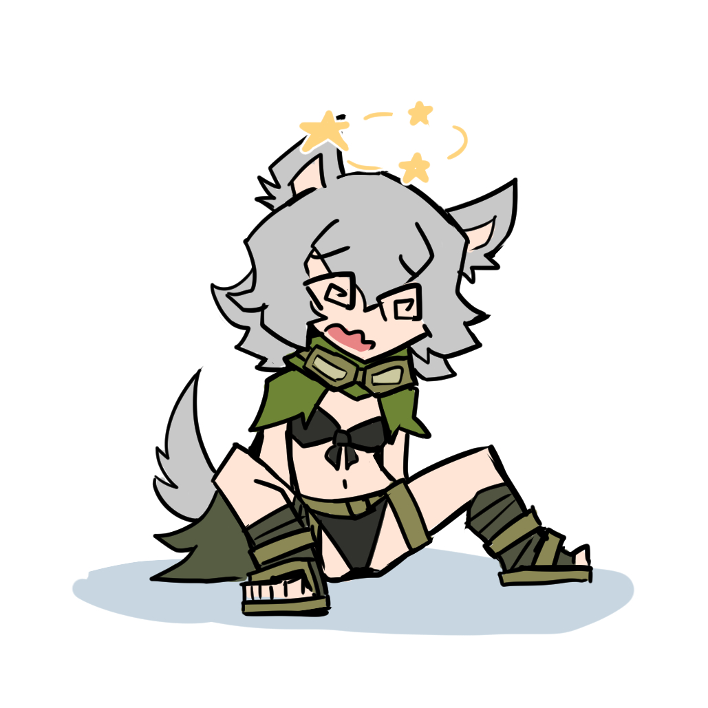 black_bra black_panties goggles goggles_around_neck juztplay knocked_out on_floor open_mouth rogue_the_wolf_girl_(juztplay) sandals sfw simple_coloring stars swirly_eyes white_background wolf wolf_ears wolf_girl wolf_humanoid wolf_tail