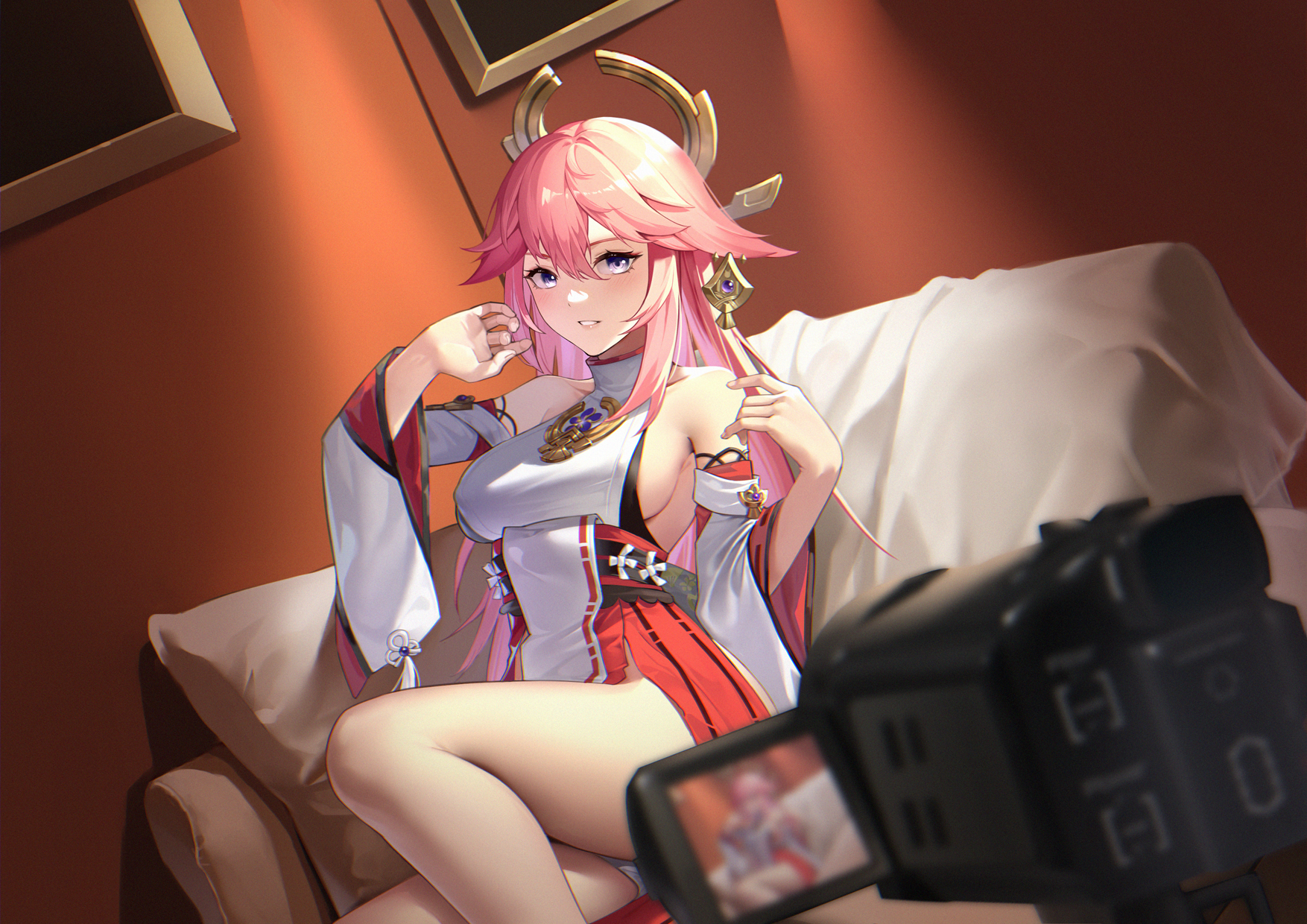1girls, arms up, bare legs, bare shoulders, blush, blush lines, blushing at viewer, breasts, casting couch, couch, female, female focus, female only, filming, genshin impact, hair between eyes, hair ornament, half-closed eyes, hi res, high resolution, highres, indoors, japanese clothes, large breasts, legs, light skin, lipstick, long hair, long sleeves, looking at viewer, on couch, parted lips, pink hair, shiny, shiny clothes, shiny hair, shiny skin, sideboob, sitting, sitting on couch, solo, solo female, solo focus, teeth, thick thighs, thighs, video camera, wide sleeves, yae miko, yin lan xue