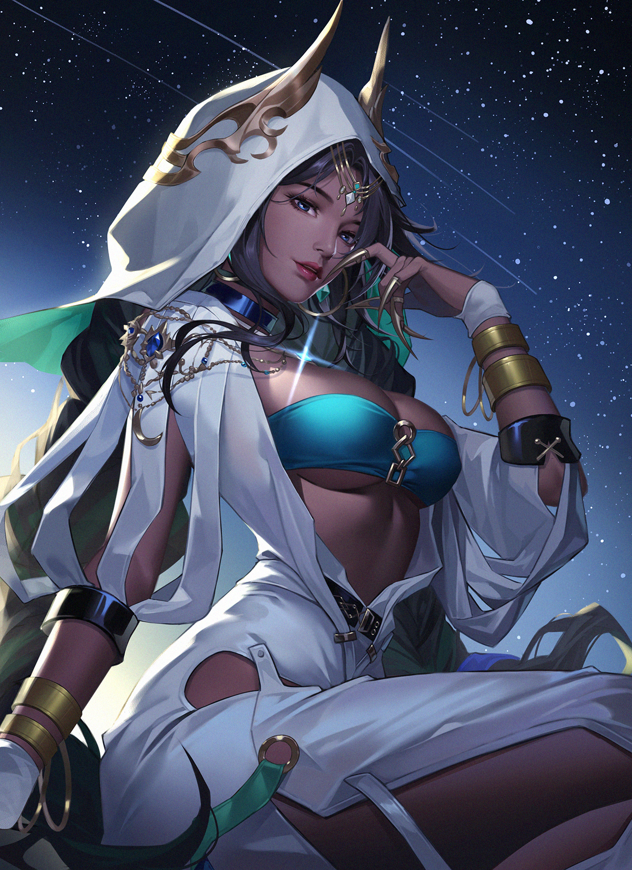 1girls, arms up, bandeau, big breasts, black hair, blue eyes, bra, bracelet, breasts, cleavage, dark skin, dark-skinned female, female, female focus, female only, head chain, hi res, high resolution, highres, hood, jewelry, large breasts, long hair, looking at viewer, midriff, night, night sky, parted lips, path to nowhere, red lips, sitting, sky, solo, solo female, solo focus, stargazer (path to nowhere), strapless, tube top, yin lan xue