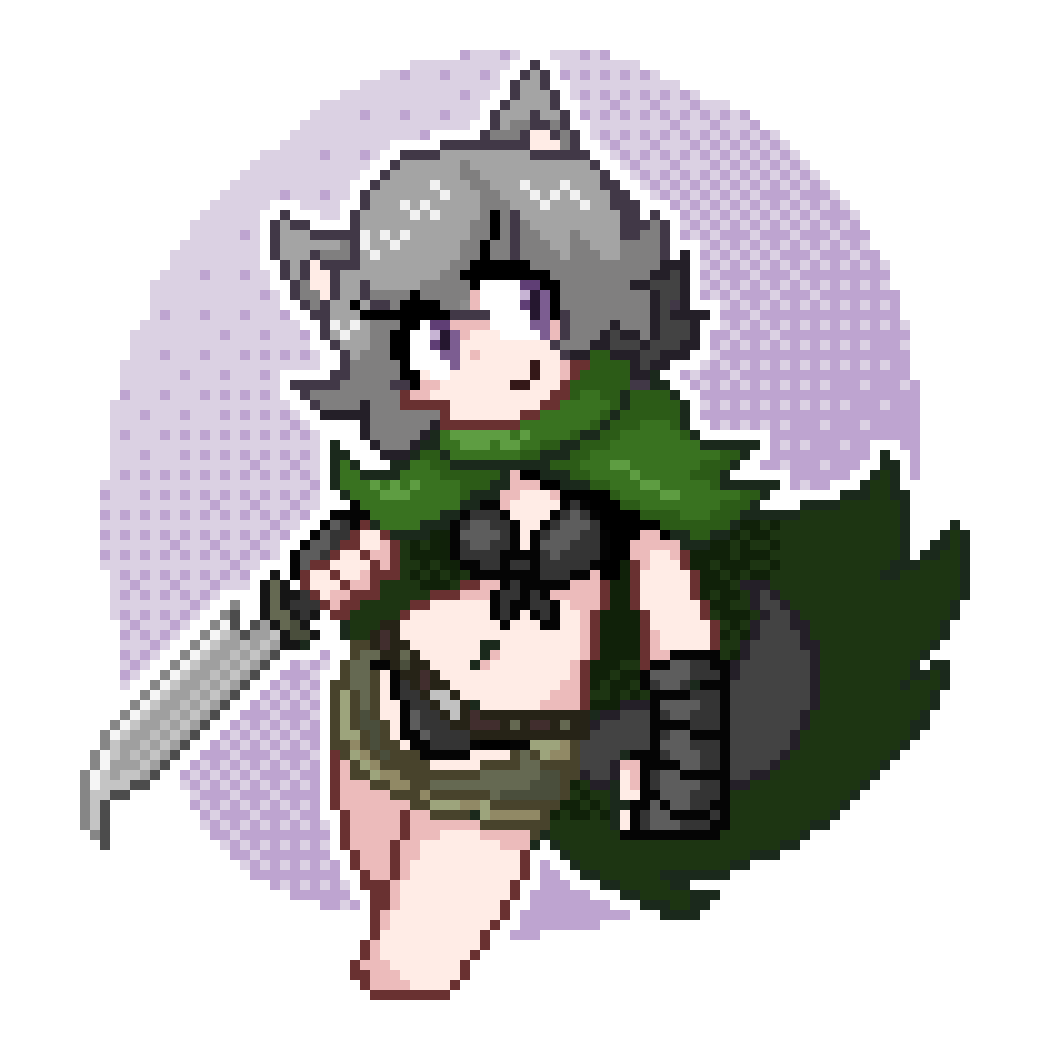 black_bra black_panties cape holding_dagger holding_object holding_weapon juztplay leaf_cloak pixel pixel_art pixelated purple_eyes rogue_the_wolf_girl_(juztplay) sfw weapon white_background wolf wolf_ears wolf_girl wolf_humanoid wolf_tail