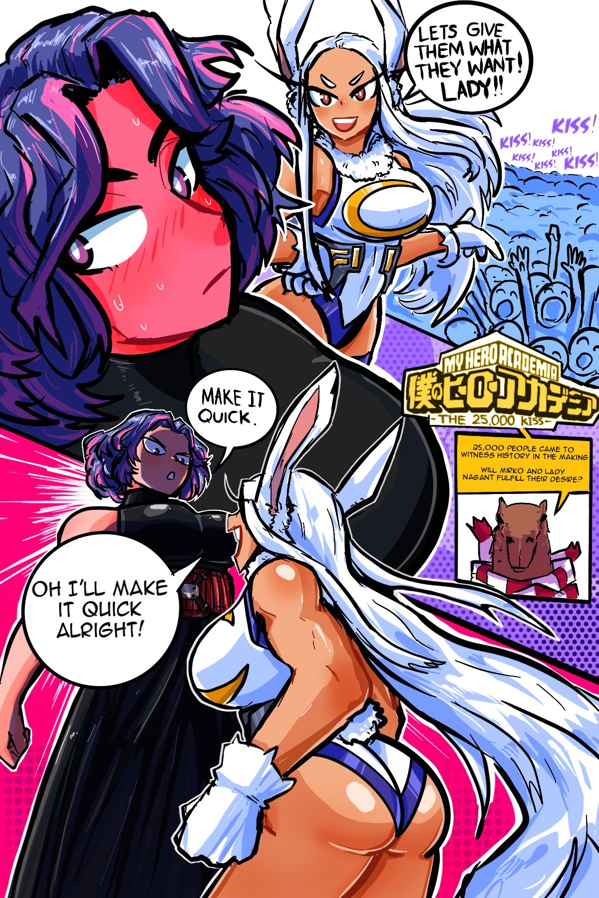 2girls ass ass_focus blush capybara comic dark-skinned_female dark_skin english_text female female_only fully_clothed huge_breasts kaina_tsutsumi lady_nagant large_breasts long_hair miruko my_hero_academia purple_hair rumi_usagiyama short_hair sonchapo speech_bubble white_hair yuri