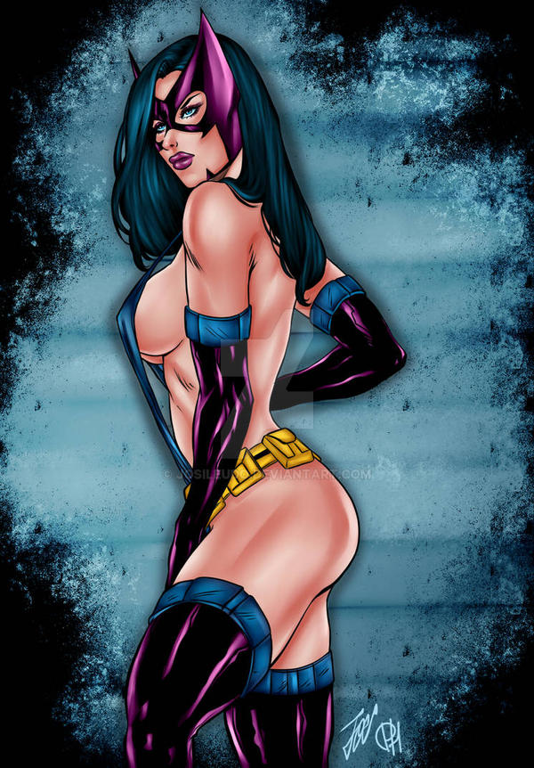 black_hair blue_eyes dc dc_comics fit_female helena_bertinelli huntress_(dc) joe_lima large_breasts long_hair mask psychedelicheroin sling_bikini thighhighs voluptuous